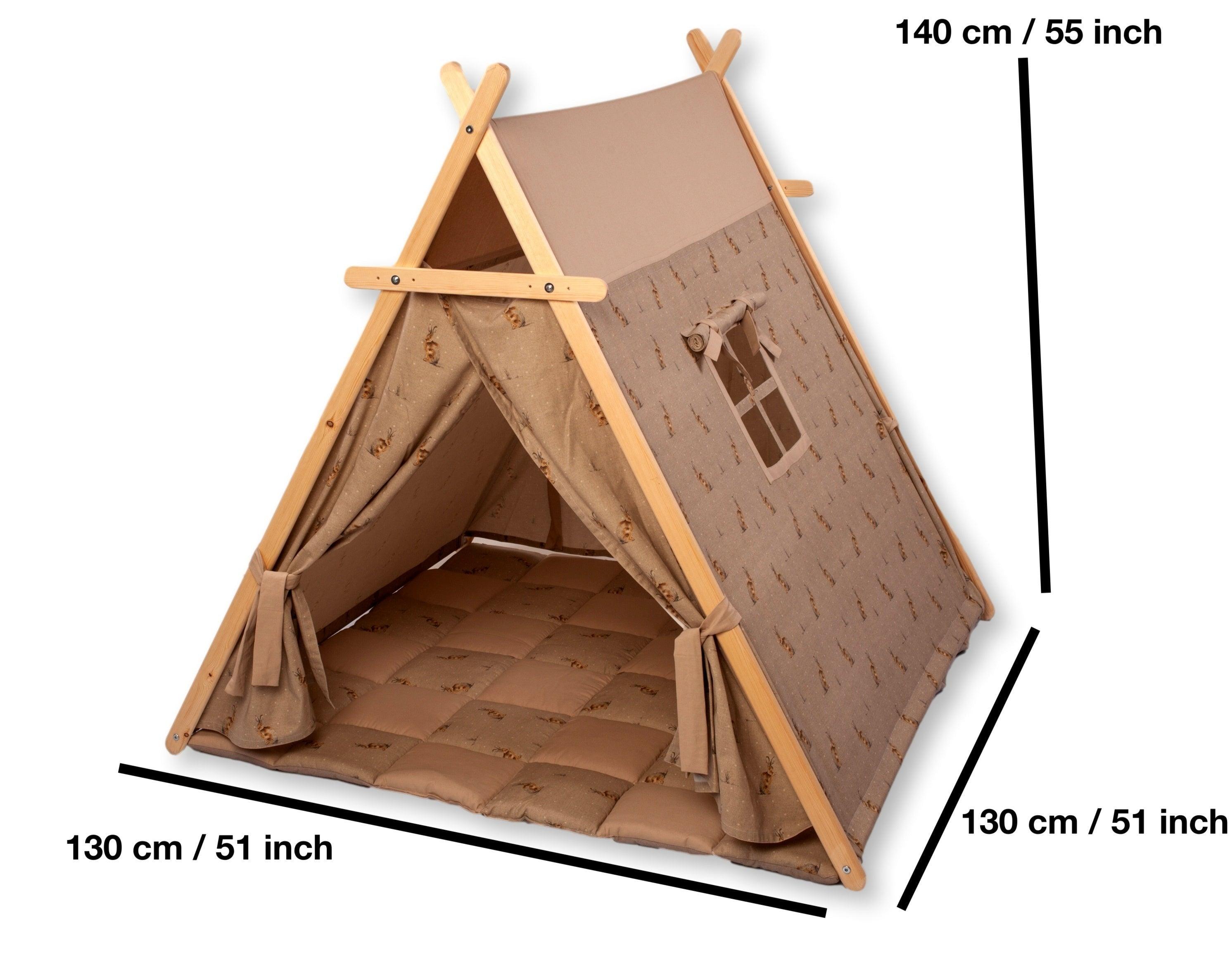 Bunny Play Tent and Play Mat for kids featuring a cute design, wooden poles, and star lights, perfect for indoor play.