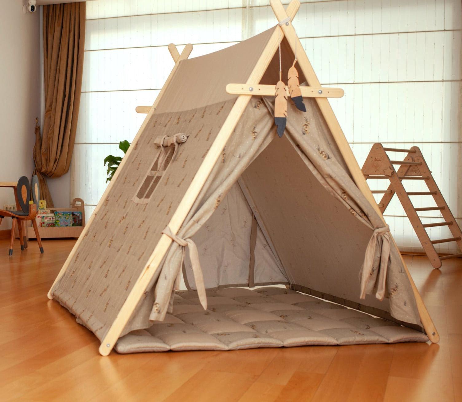 Bunny Play Tent and Play Mat for kids featuring a cute design, wooden poles, and star lights, perfect for indoor play.