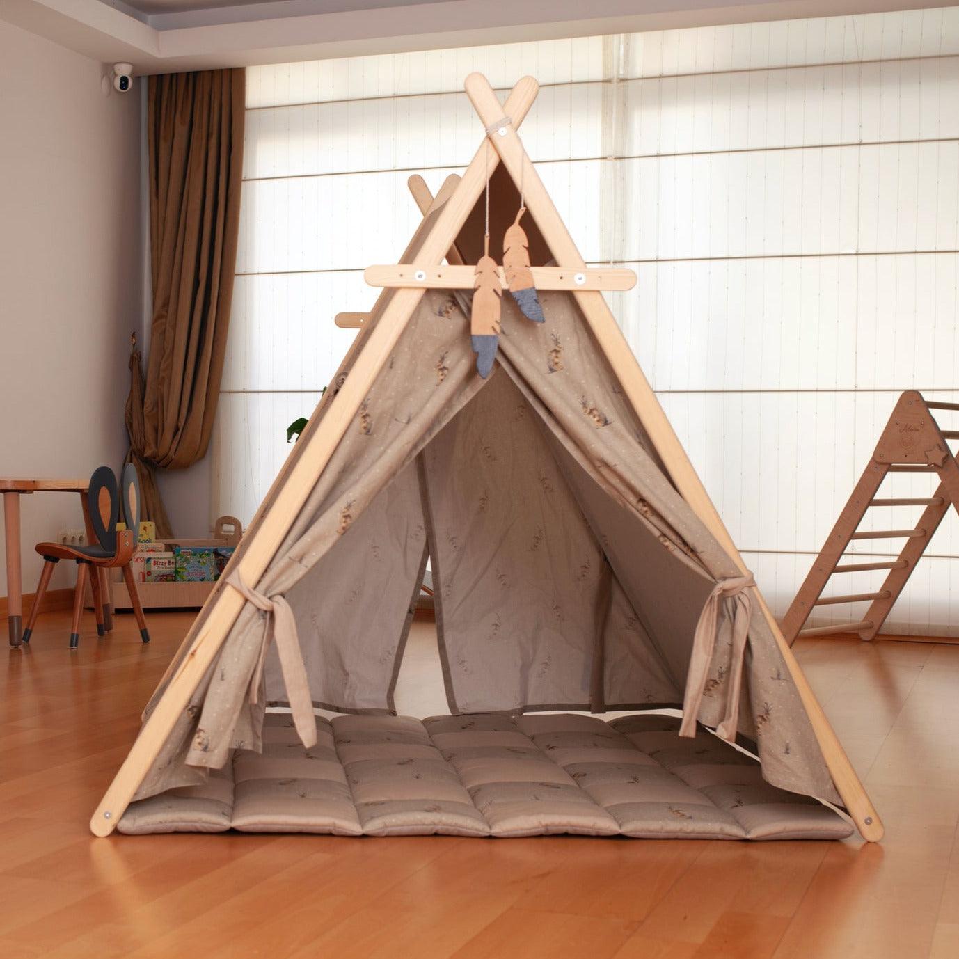 Bunny Play Tent and Play Mat for kids featuring a cute design, wooden poles, and star lights, perfect for indoor play.