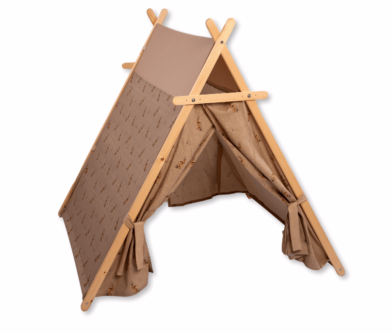 Bunny Play Tent and Play Mat for kids featuring a cute design, wooden poles, and star lights, perfect for indoor play.