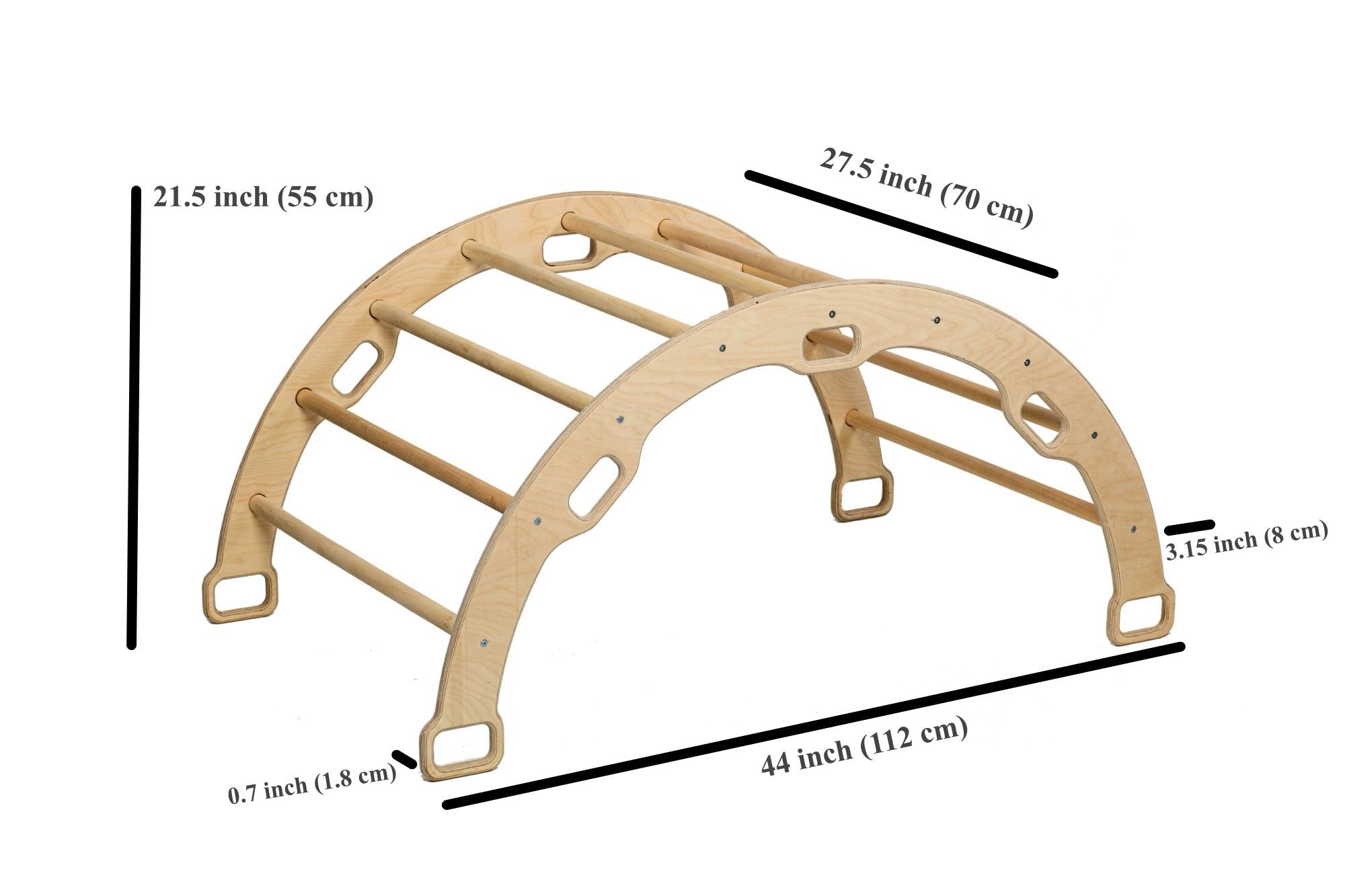 A wooden climbing arch and rocker set with two ramps designed for toddlers, showcasing natural materials and safe construction.