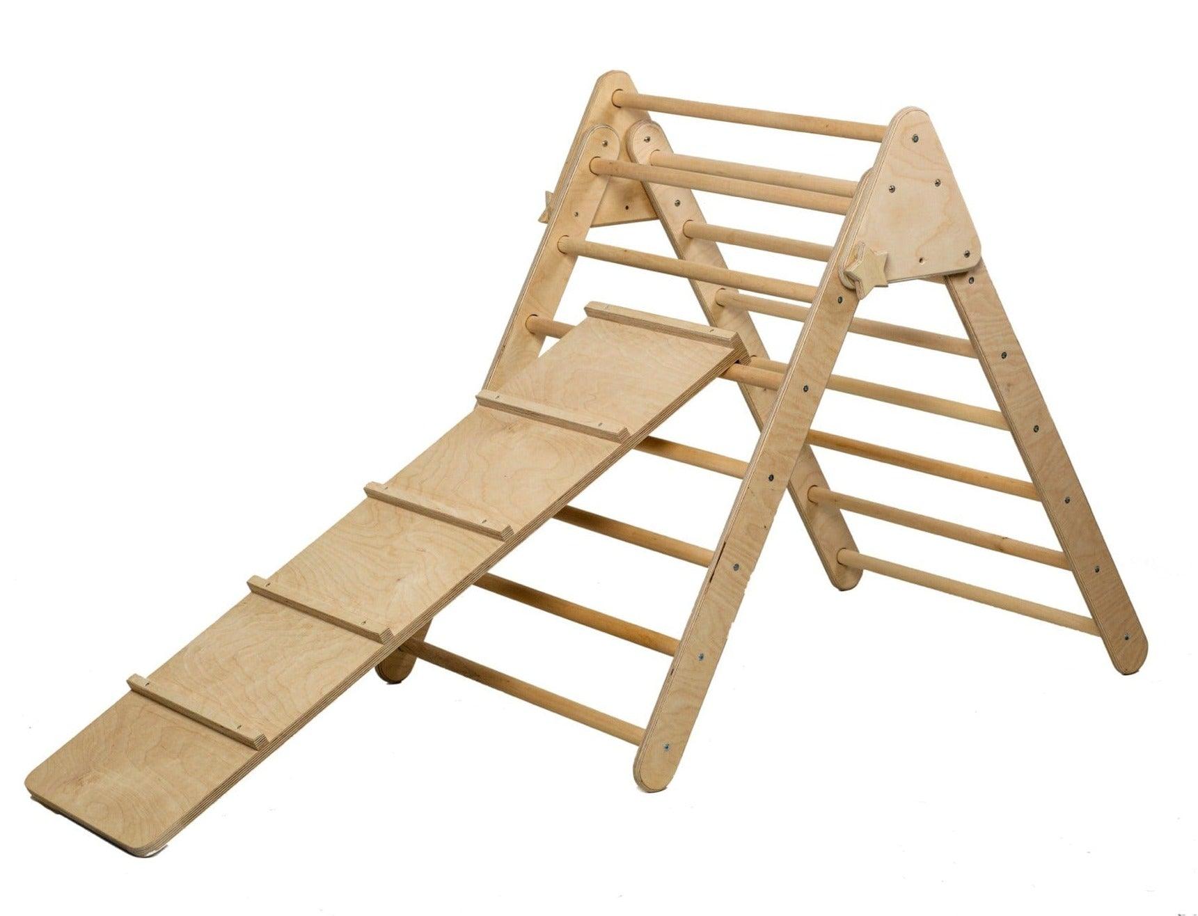 Foldable Climbing Triangle and Ladder Ramp made of natural birch and linden wood, designed for toddlers to enhance motor skills.