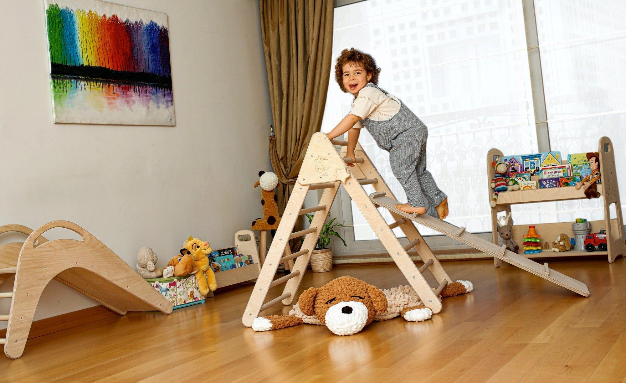 Foldable Climbing Triangle and Ladder Ramp made of natural birch and linden wood, designed for toddlers to enhance motor skills.