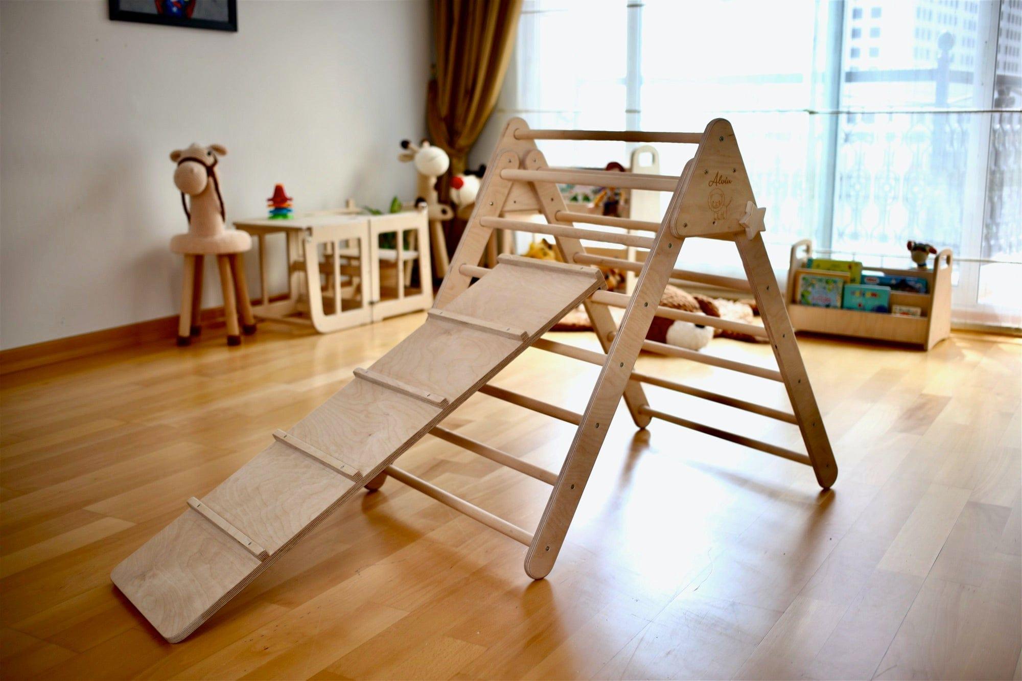 Foldable Climbing Triangle and Ladder Ramp made of natural birch and linden wood, designed for toddlers to enhance motor skills.