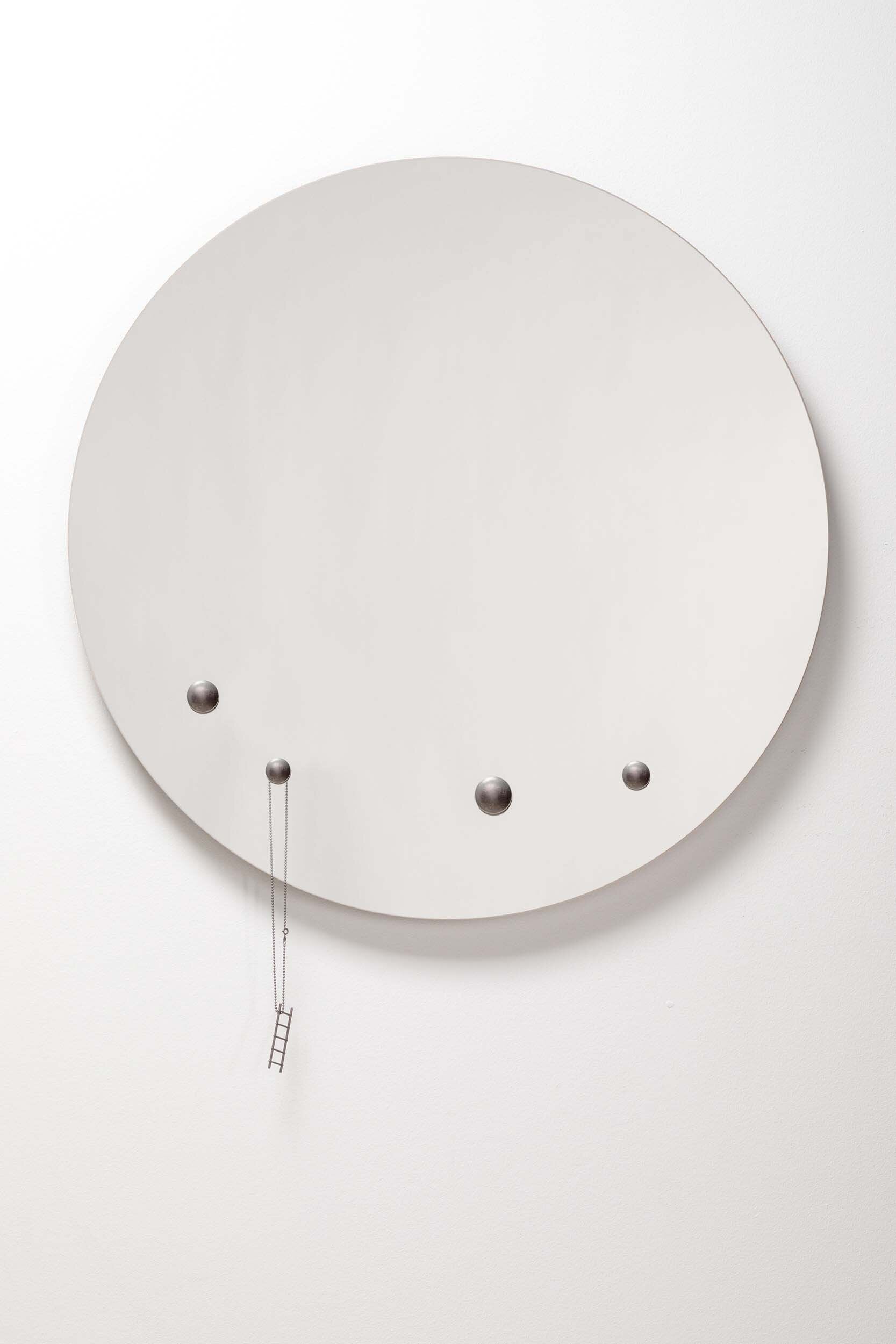 The Dew Mirror designed by Rasa Balaišė, featuring a reflective surface and four decorative glass droplets, available in bronze, dark grey, and clear finishes.