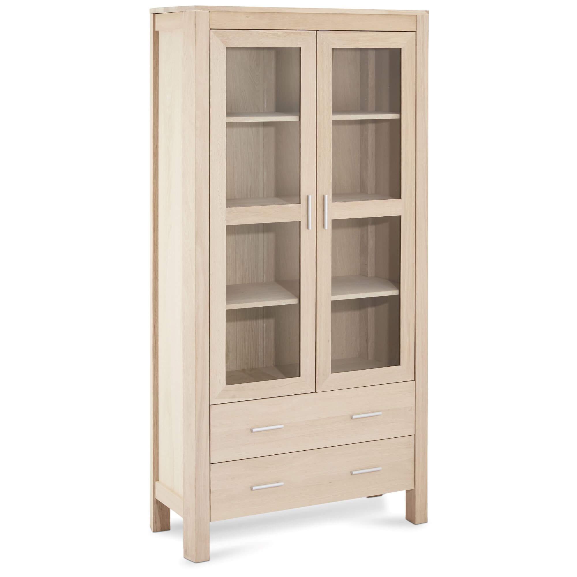 Paris Solid Oak Display Cabinet featuring glass doors and a white-oil finish, showcasing elegant design and natural wood grain.