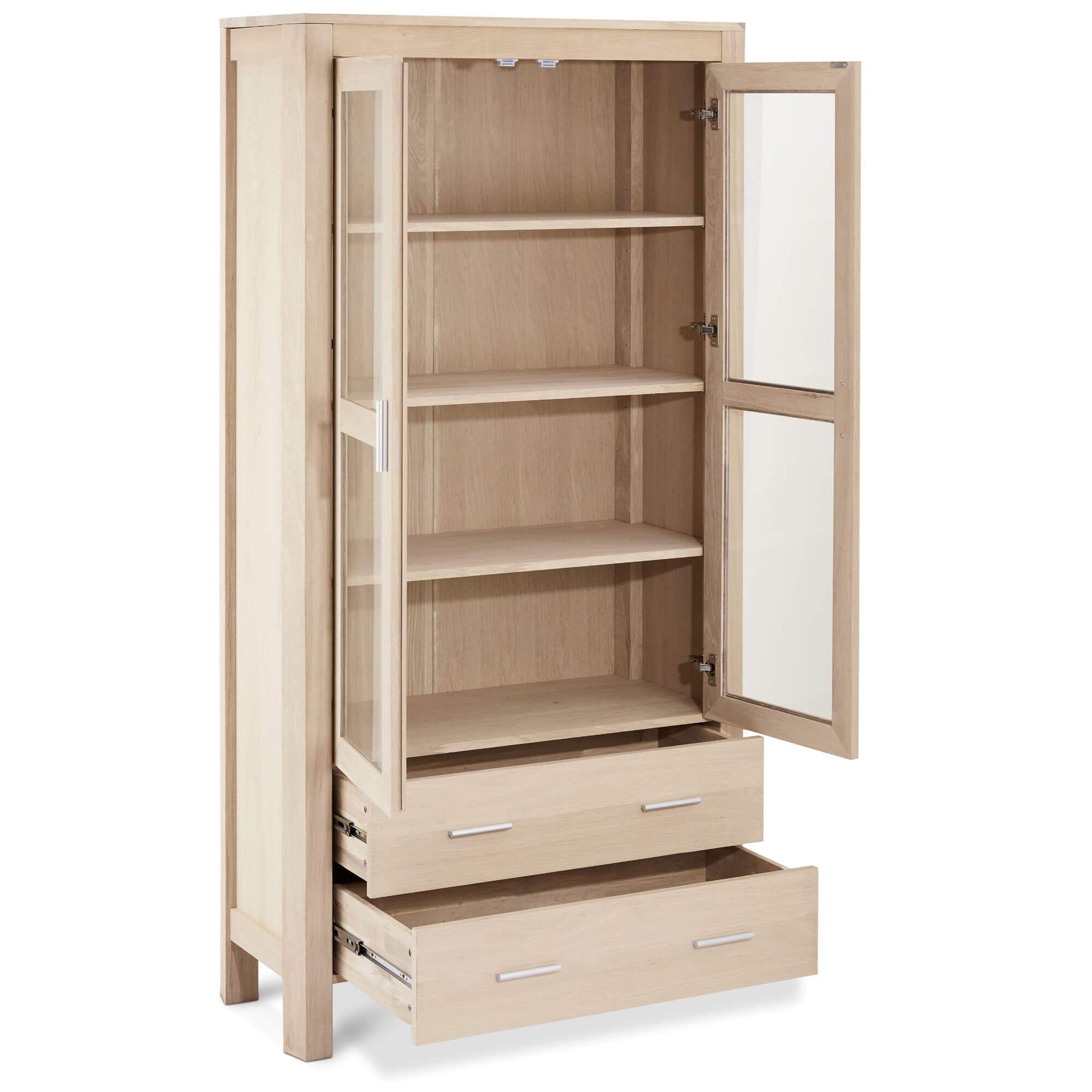 Paris Solid Oak Display Cabinet featuring glass doors and a white-oil finish, showcasing elegant design and natural wood grain.