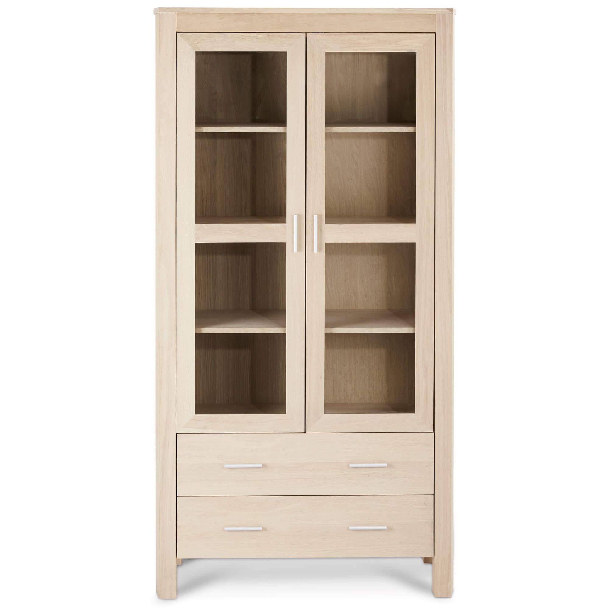 Paris Solid Oak Display Cabinet featuring glass doors and a white-oil finish, showcasing elegant design and natural wood grain.