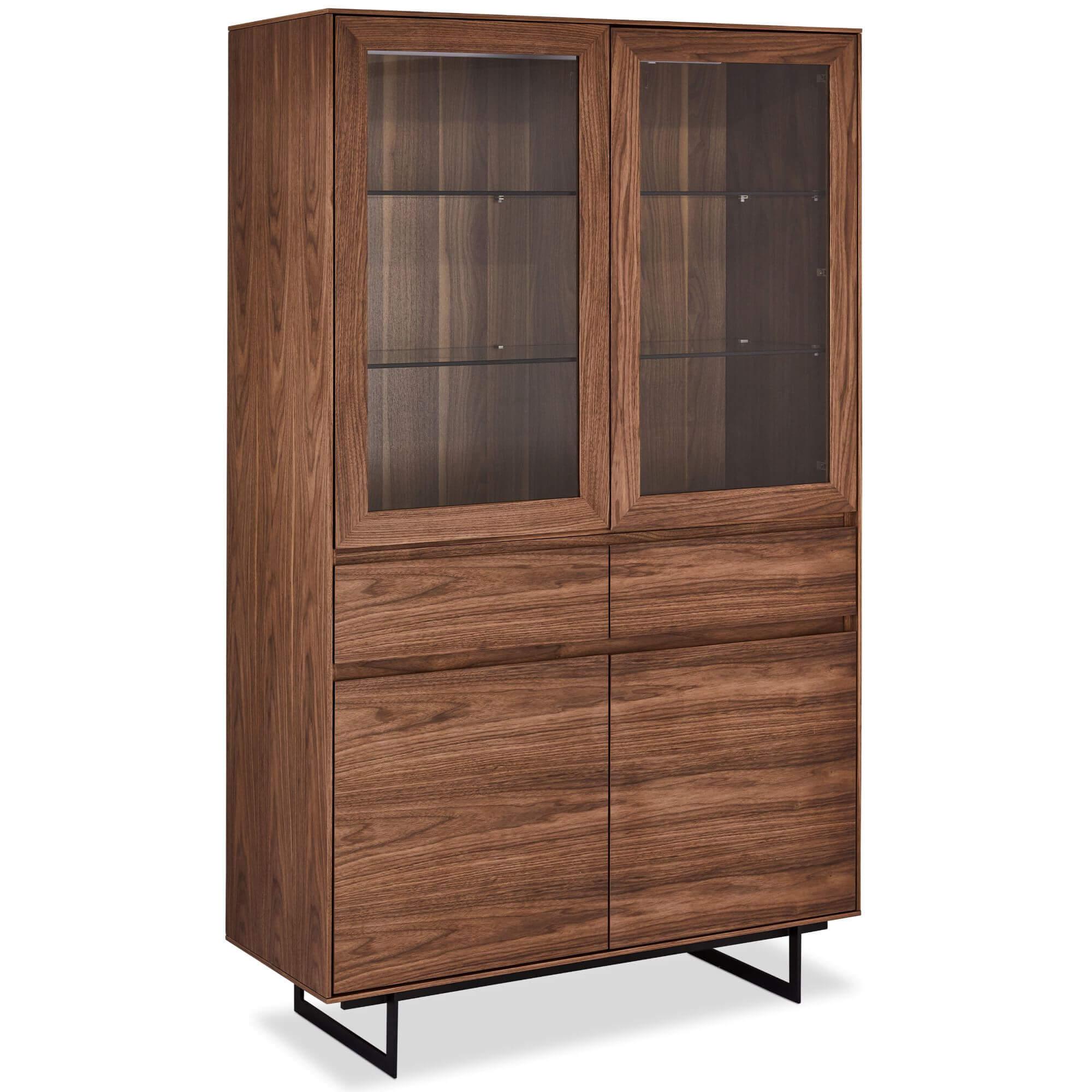 Tokyo Display Cabinet in walnut finish with LED light, featuring soft-closing doors and drawers, set on matt black steel legs.