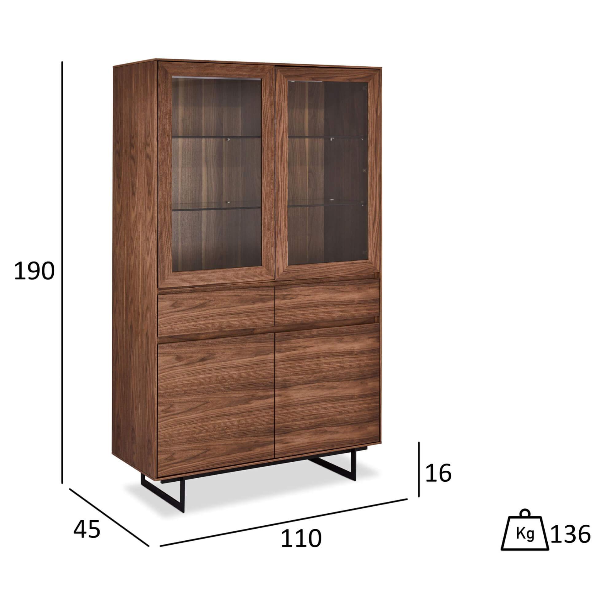 Tokyo Display Cabinet in walnut finish with LED light, featuring soft-closing doors and drawers, set on matt black steel legs.