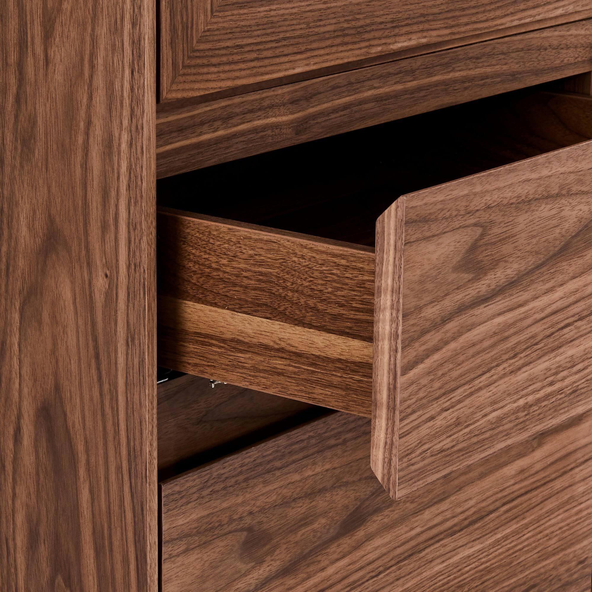 Tokyo Display Cabinet in walnut finish with LED light, featuring soft-closing doors and drawers, set on matt black steel legs.