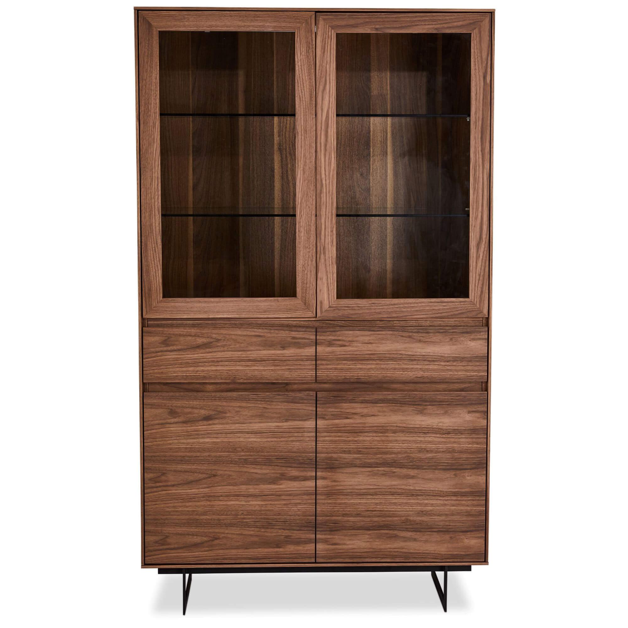 Tokyo Display Cabinet in walnut finish with LED light, featuring soft-closing doors and drawers, set on matt black steel legs.