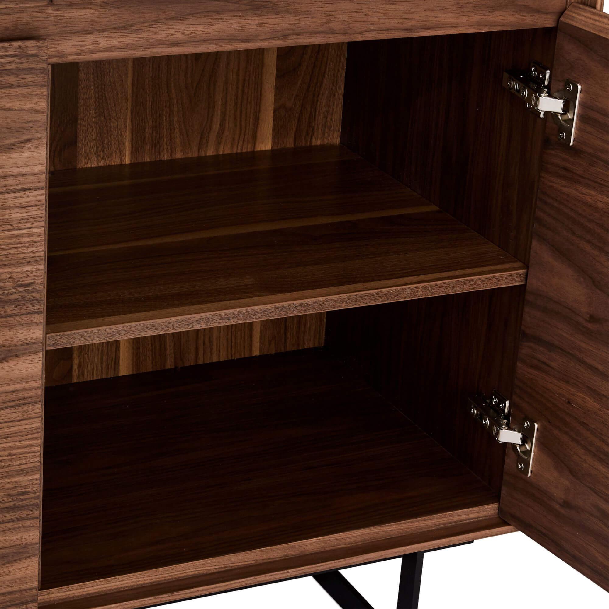 Tokyo Display Cabinet in walnut finish with LED light, featuring soft-closing doors and drawers, set on matt black steel legs.