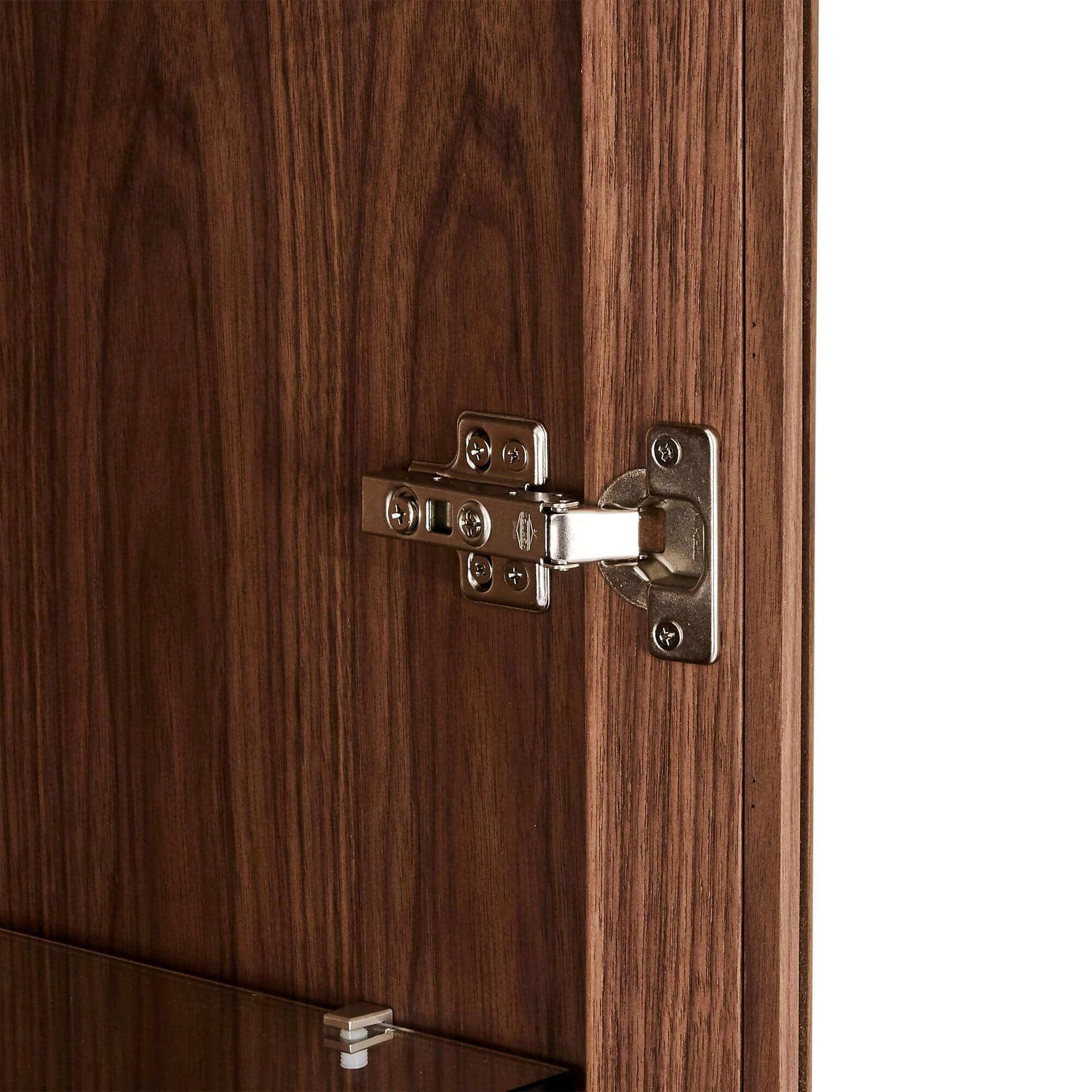 Tokyo Display Cabinet in walnut finish with LED light, featuring soft-closing doors and drawers, set on matt black steel legs.