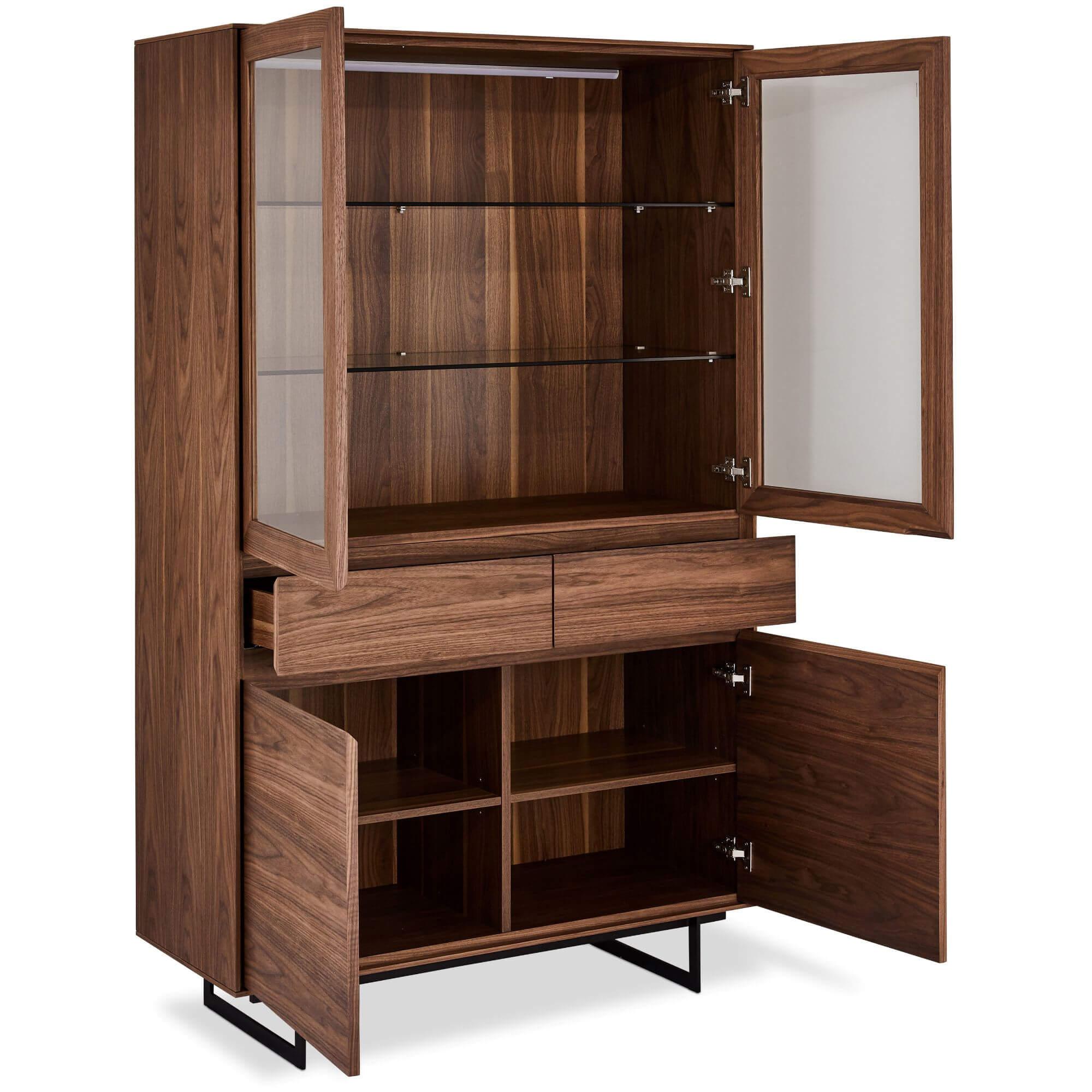 Tokyo Display Cabinet in walnut finish with LED light, featuring soft-closing doors and drawers, set on matt black steel legs.