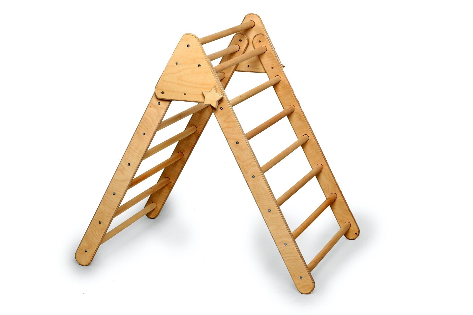 Foldable Climbing Triangle set made of natural birch plywood and linden wood, designed for toddlers to enhance motor skills and play.