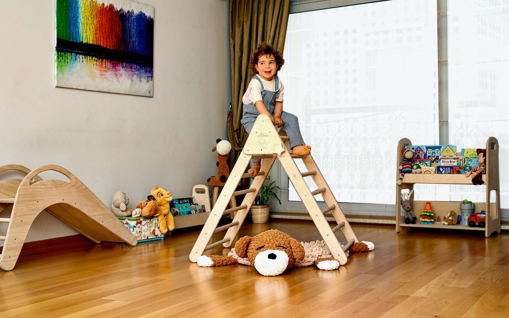 Foldable Climbing Triangle set made of natural birch plywood and linden wood, designed for toddlers to enhance motor skills and play.