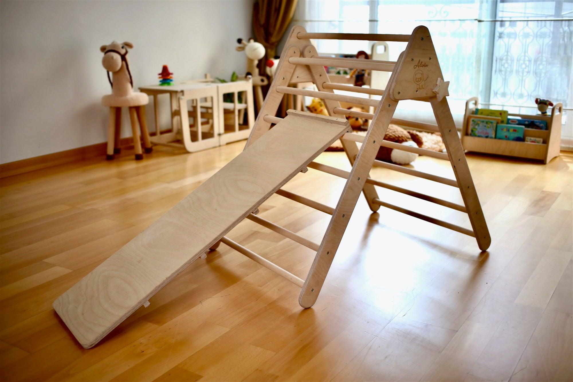 Foldable Climbing Triangle set made of natural birch plywood and linden wood, designed for toddlers to enhance motor skills and play.