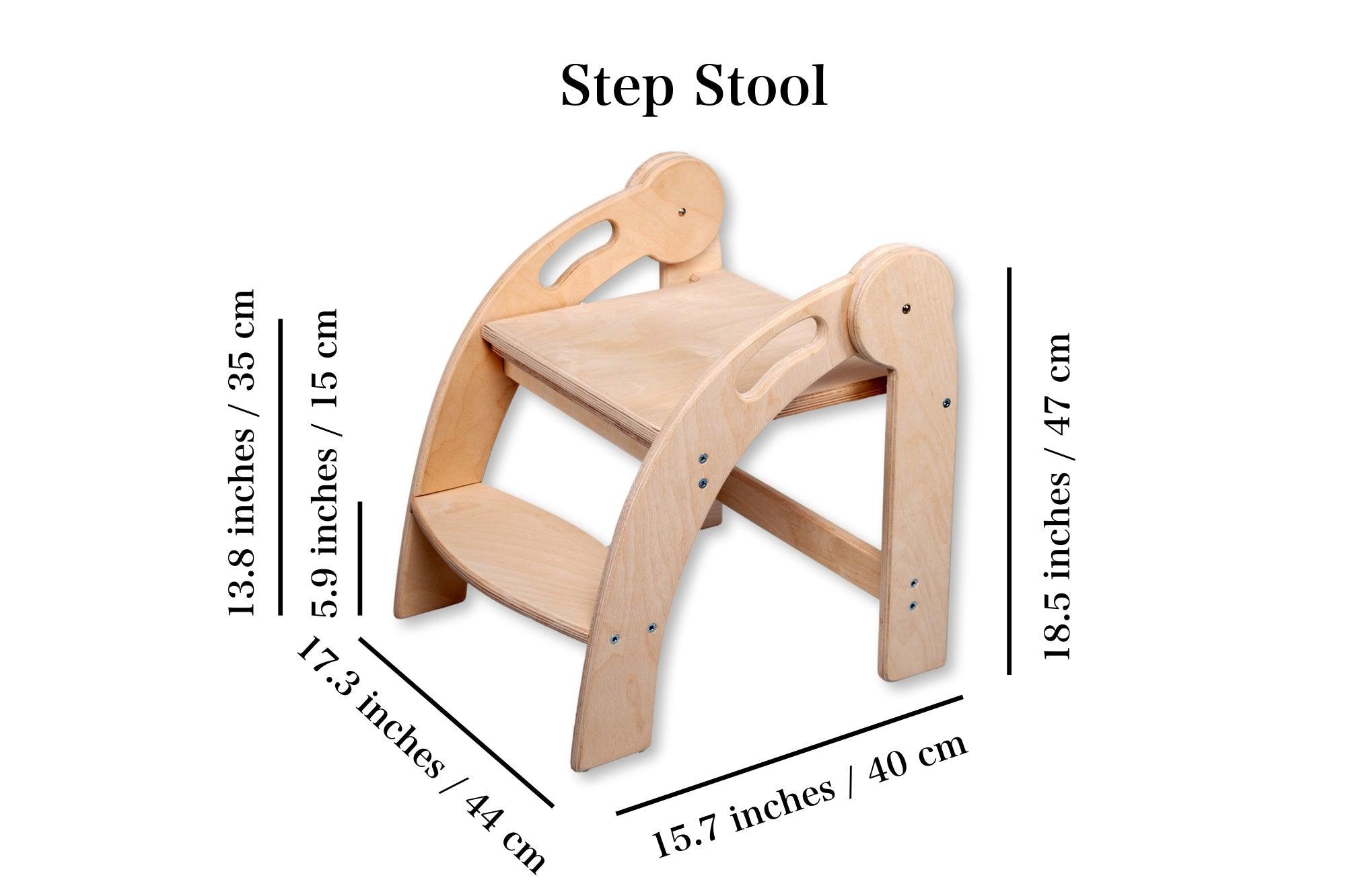 Foldable Montessori Kitchen Step Stool made of natural birch plywood, featuring two steps for children to reach higher surfaces safely.