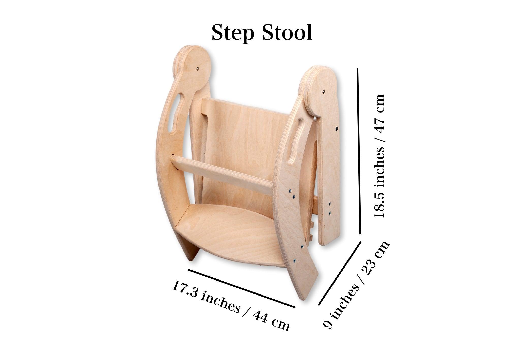 Foldable Montessori Kitchen Step Stool made of natural birch plywood, featuring two steps for children to reach higher surfaces safely.