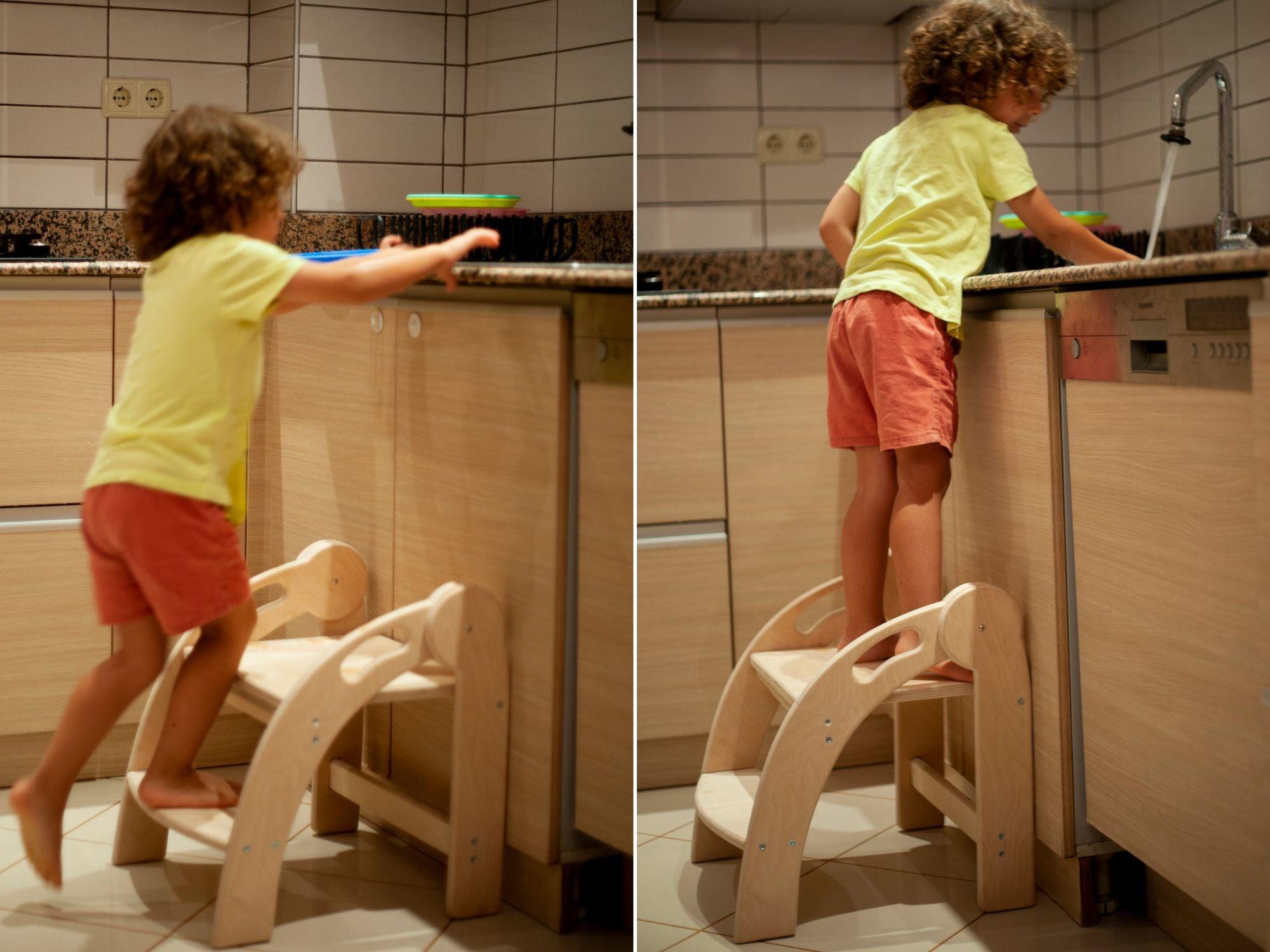 Foldable Montessori Kitchen Step Stool made of natural birch plywood, featuring two steps for children to reach higher surfaces safely.