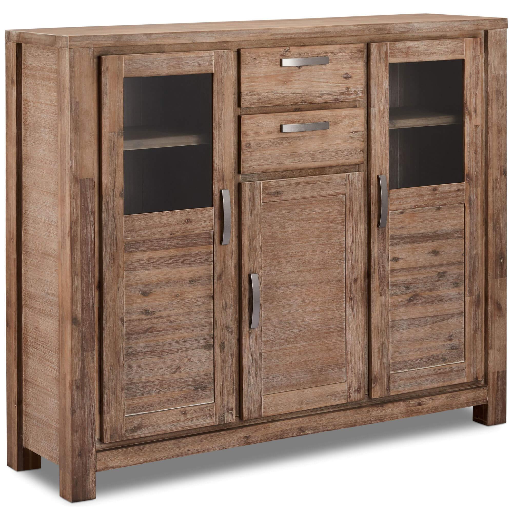 Highboard Alaska made of solid acacia wood with glass front, showcasing elegant design and natural wood grain.