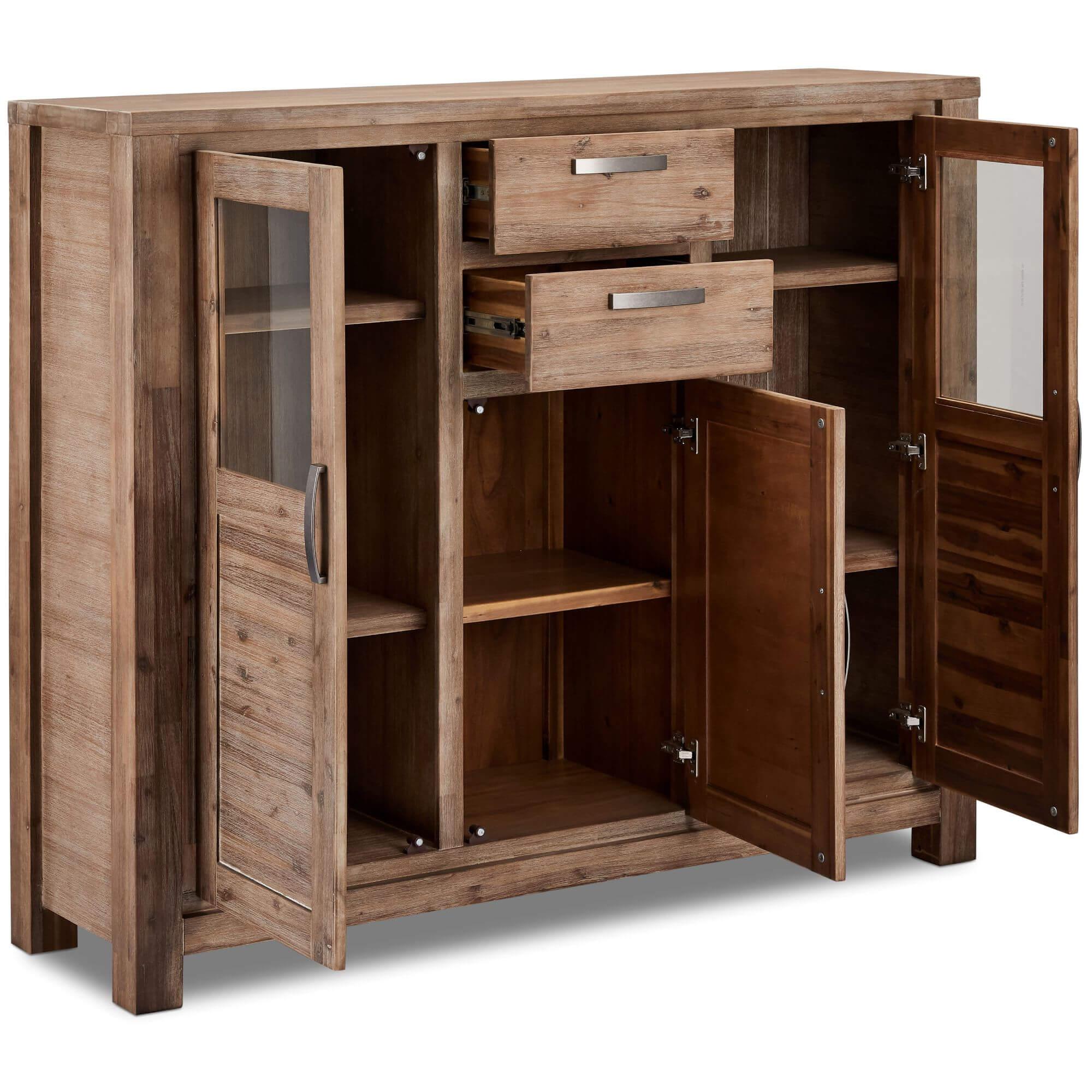 Highboard Alaska made of solid acacia wood with glass front, showcasing elegant design and natural wood grain.