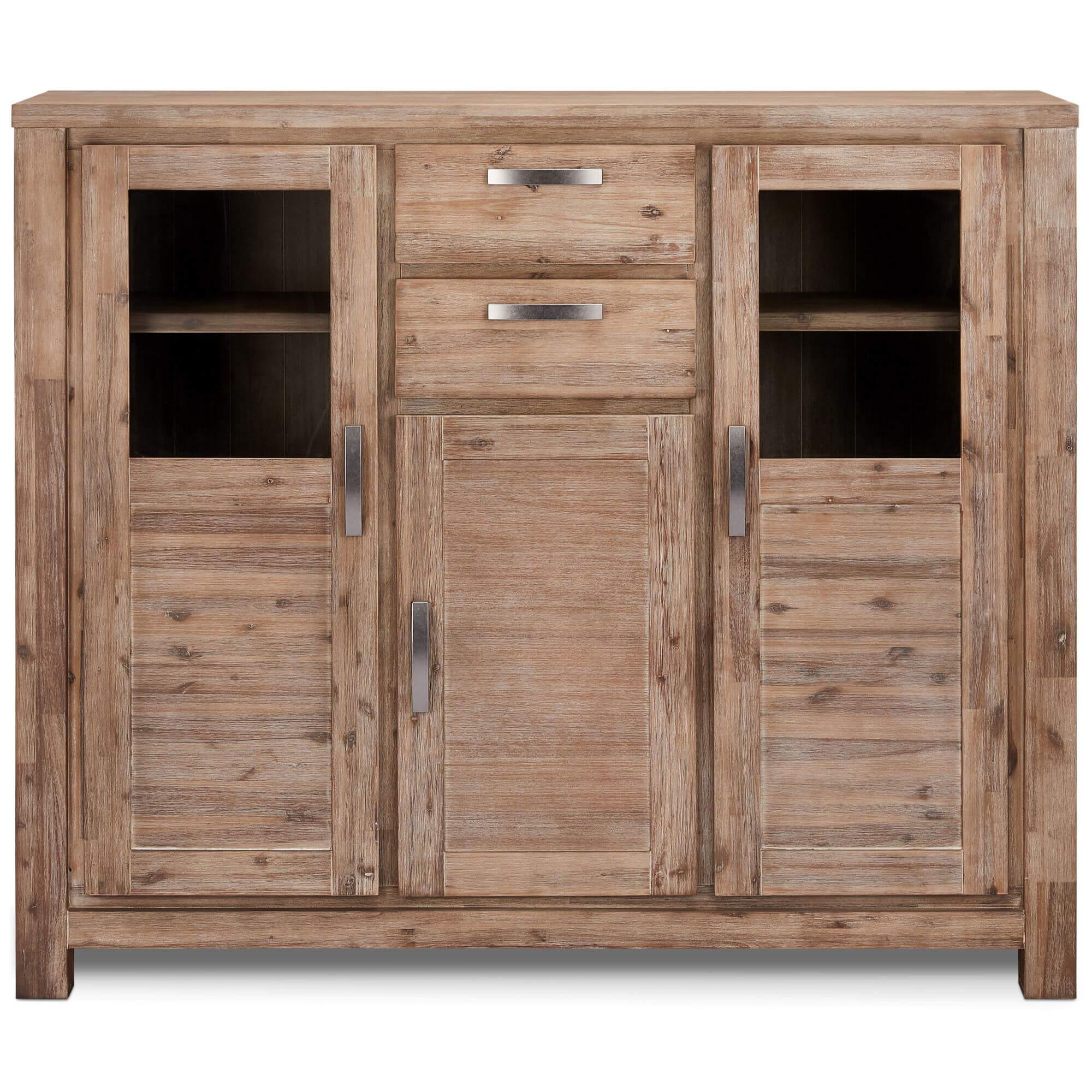 Highboard Alaska made of solid acacia wood with glass front, showcasing elegant design and natural wood grain.