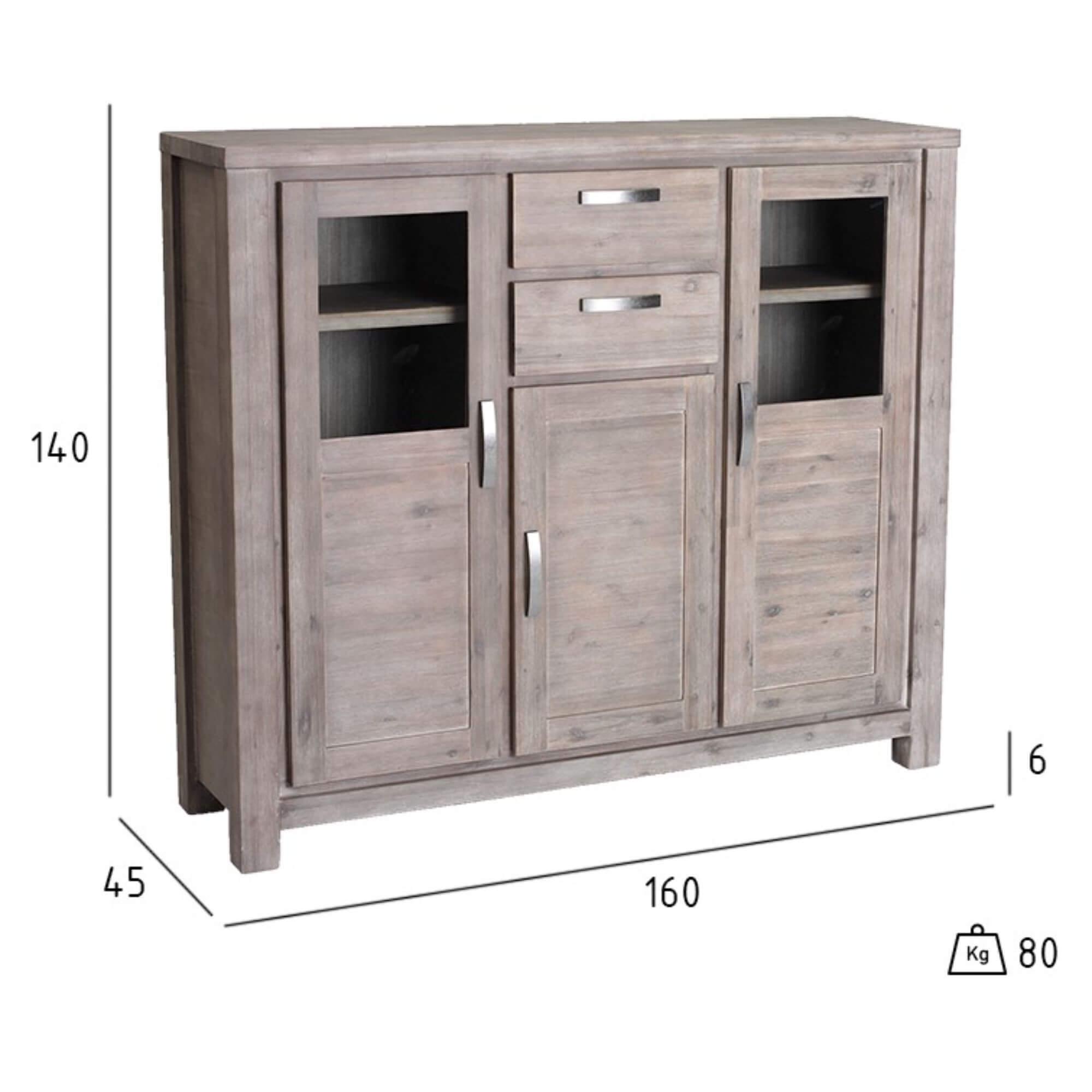 Highboard Alaska made of solid acacia wood with glass front, showcasing elegant design and natural wood grain.