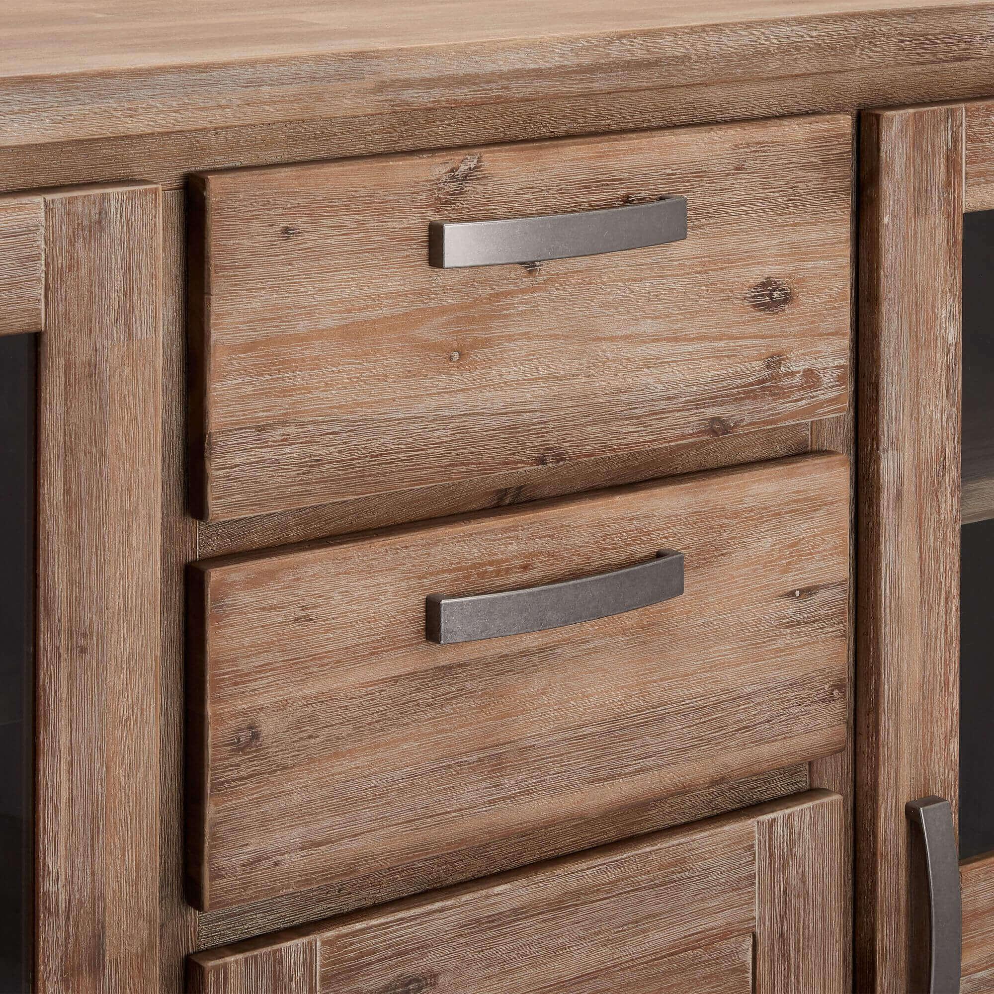 Highboard Alaska made of solid acacia wood with glass front, showcasing elegant design and natural wood grain.