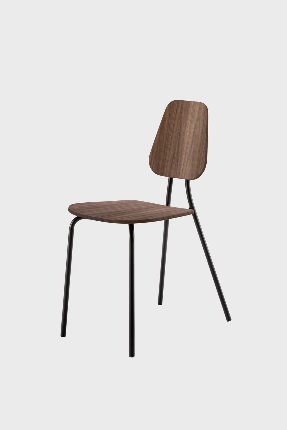 The Hoya Chair features a sleek black metal frame with a veneered plywood seat and backrest, available in natural oil, black, and walnut finishes, showcasing its modern design.