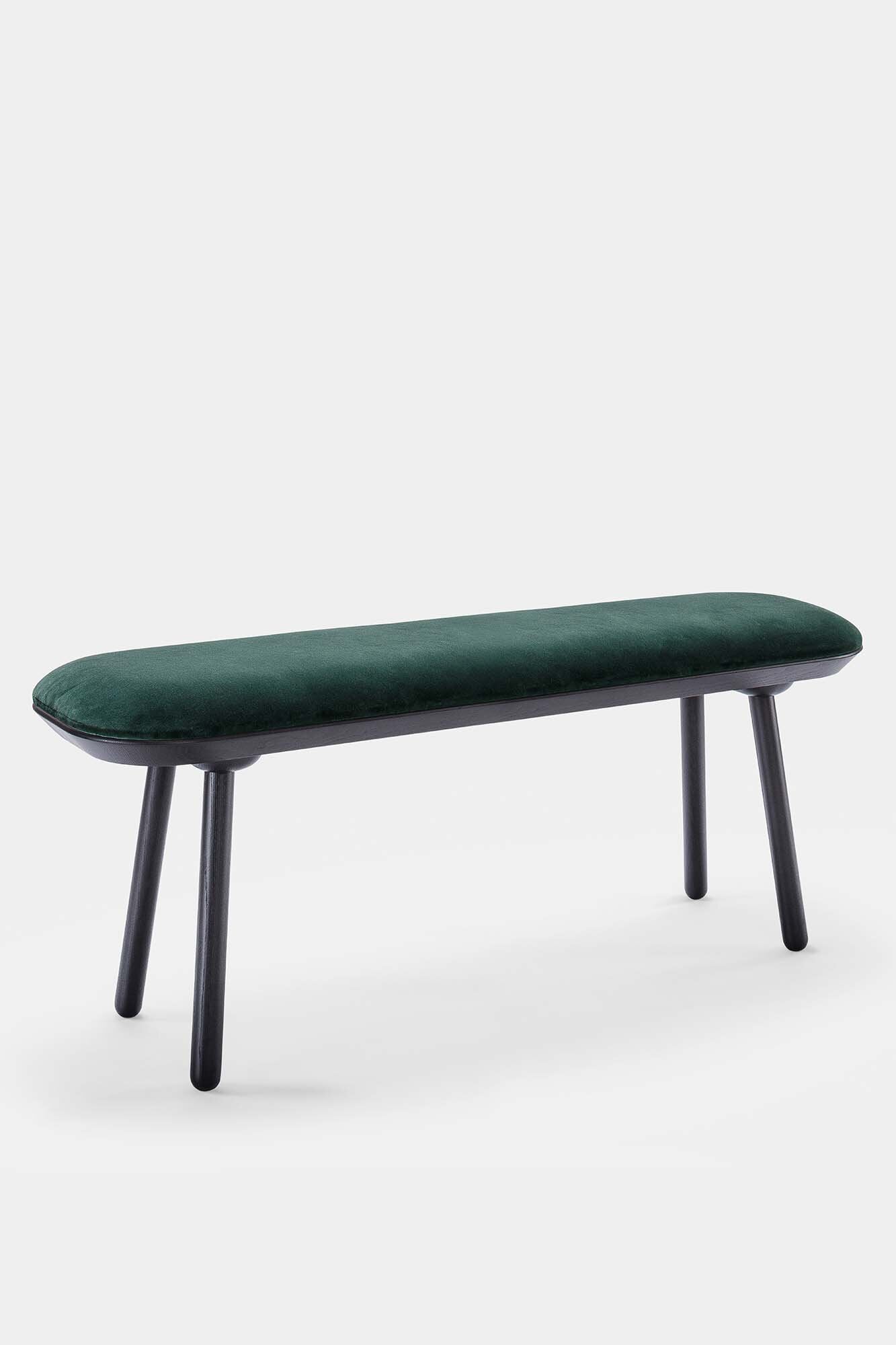 Naïve Bench Upholstered featuring solid wood construction, available in padded and unpadded options, showcasing vibrant colors and sleek design.