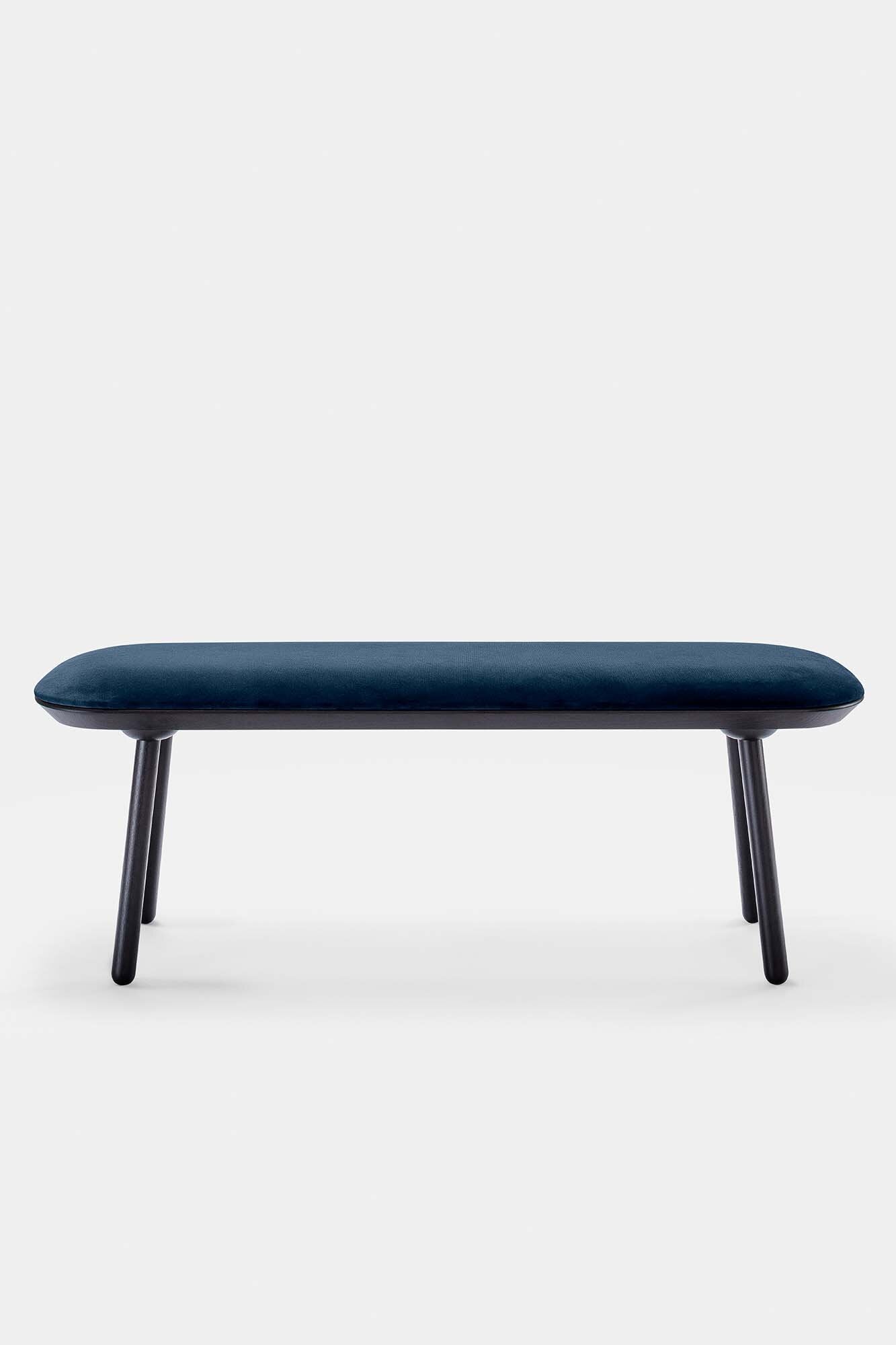 Naïve Bench Upholstered featuring solid wood construction, available in padded and unpadded options, showcasing vibrant colors and sleek design.