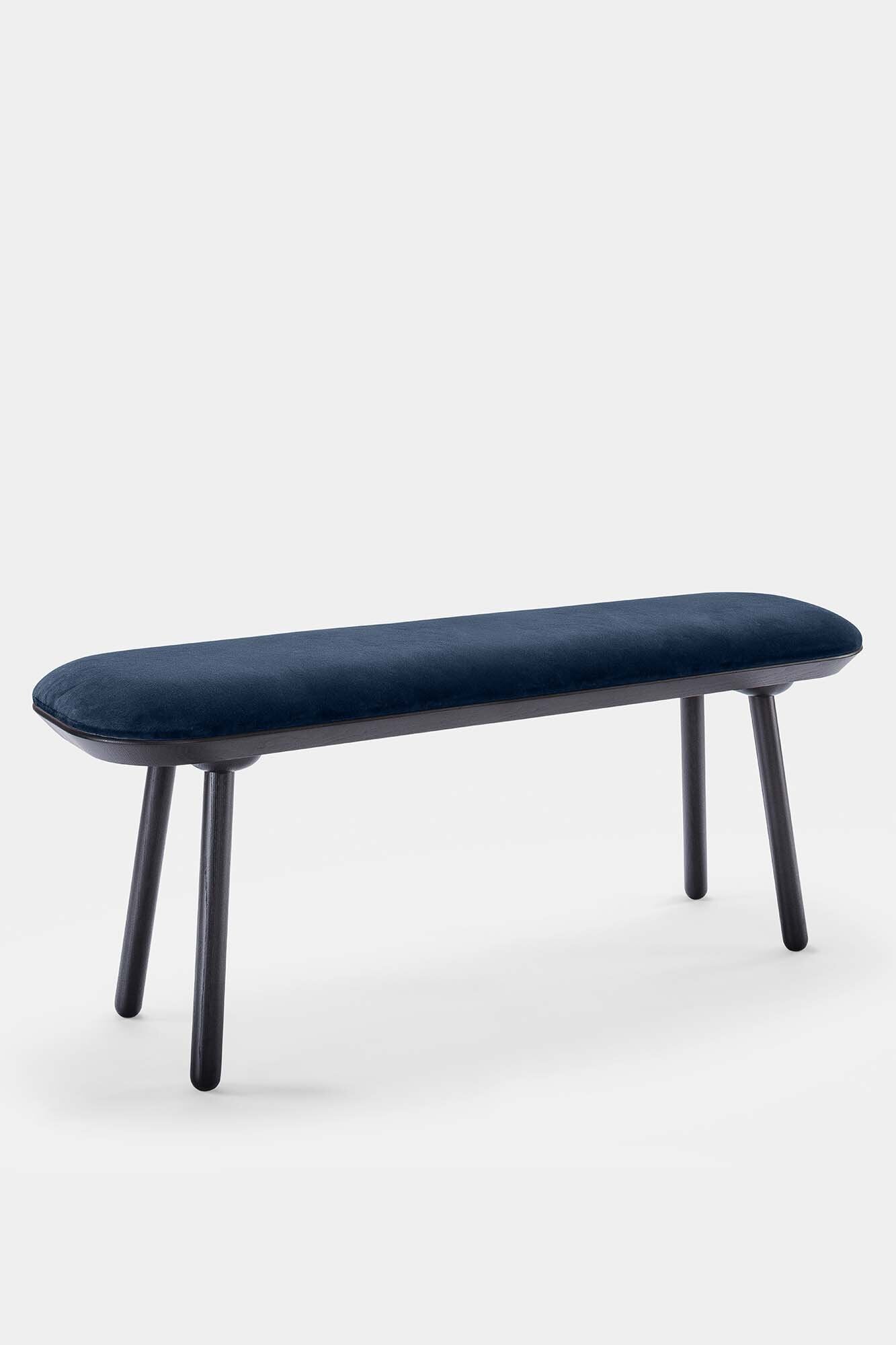 Naïve Bench Upholstered featuring solid wood construction, available in padded and unpadded options, showcasing vibrant colors and sleek design.