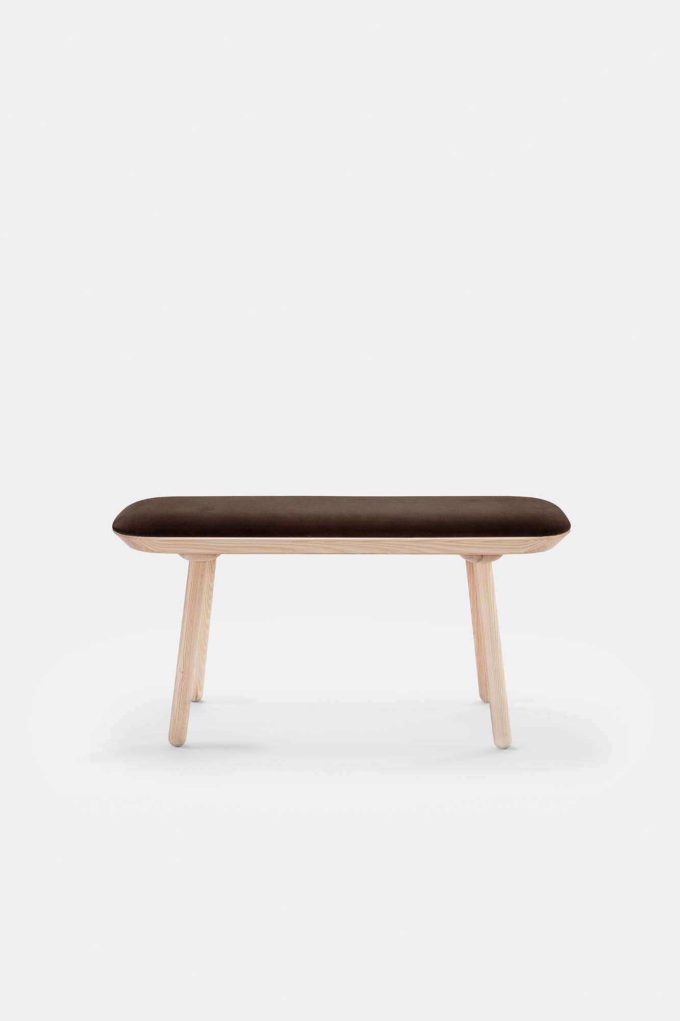 Naïve Bench Upholstered featuring solid wood construction, available in padded and unpadded options, showcasing vibrant colors and sleek design.