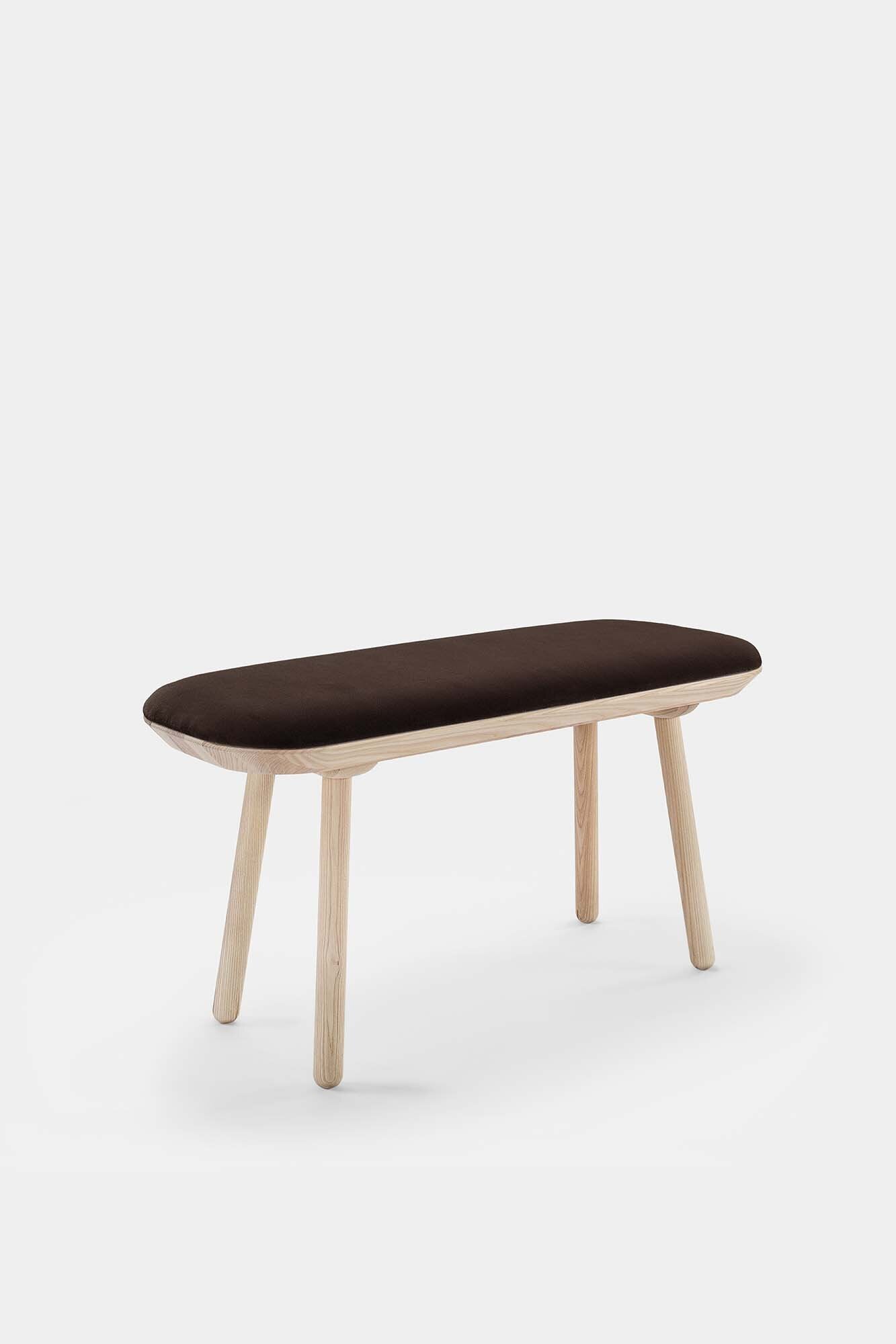 Naïve Bench Upholstered featuring solid wood construction, available in padded and unpadded options, showcasing vibrant colors and sleek design.