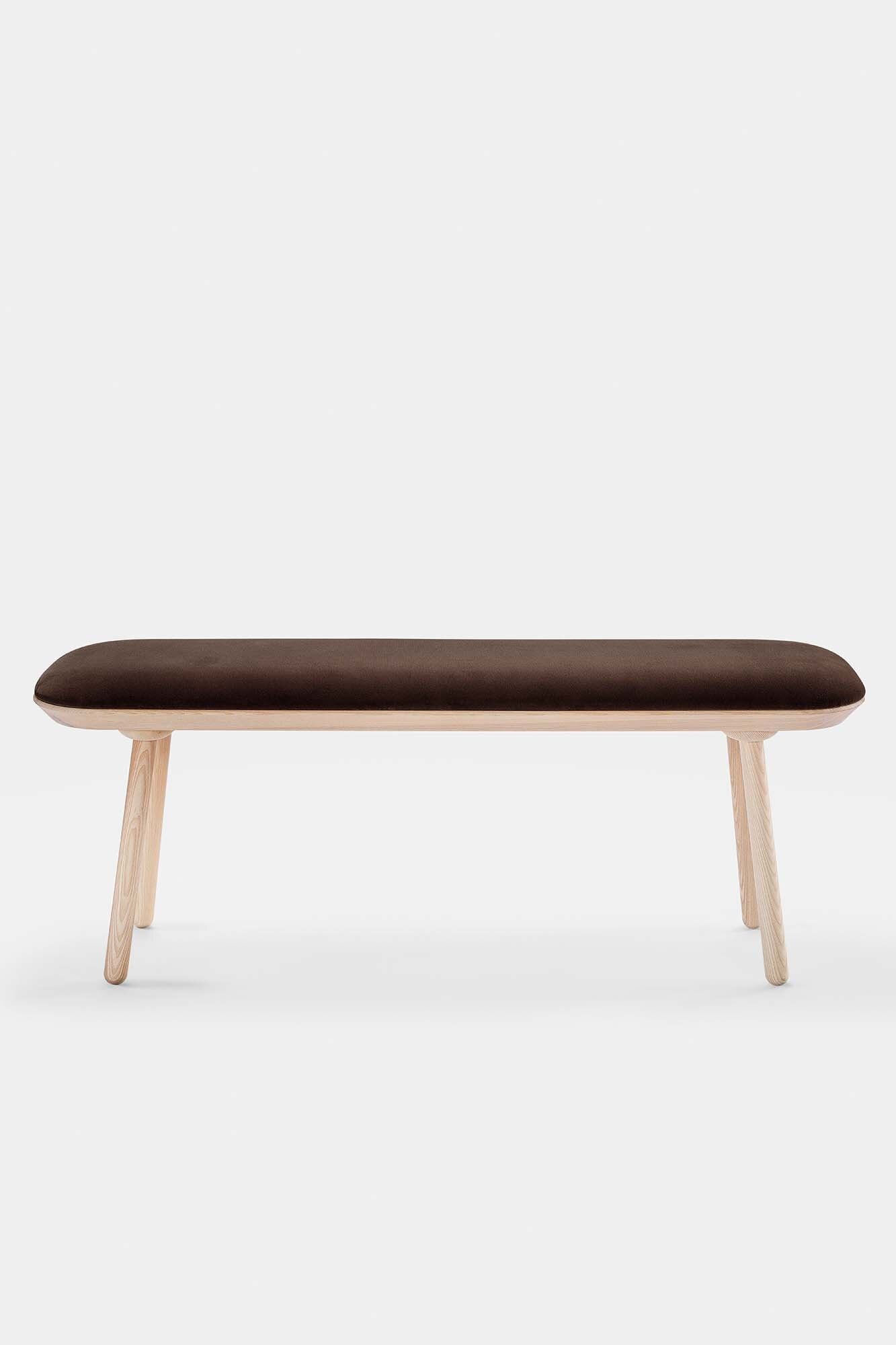 Naïve Bench Upholstered featuring solid wood construction, available in padded and unpadded options, showcasing vibrant colors and sleek design.