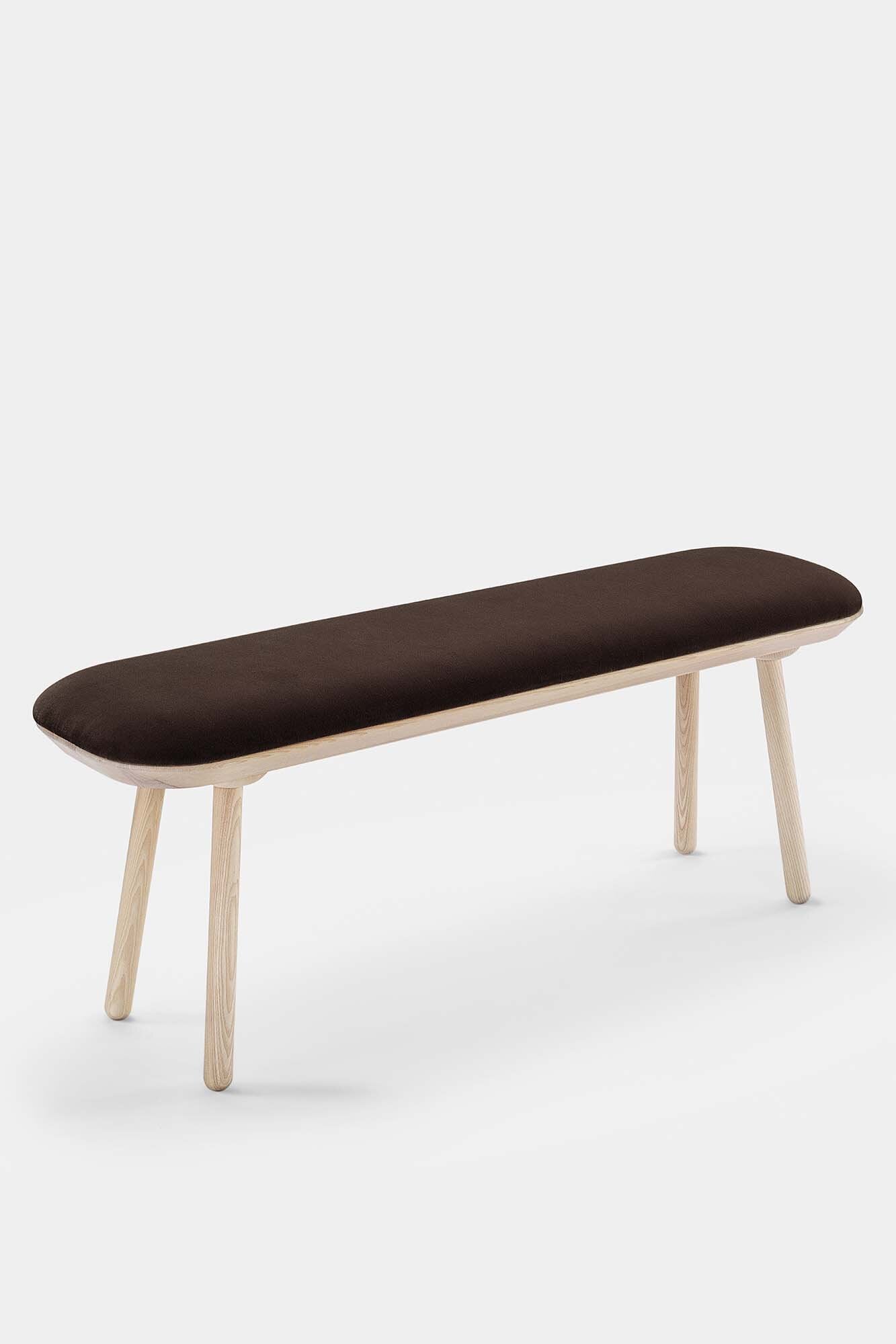 Naïve Bench Upholstered featuring solid wood construction, available in padded and unpadded options, showcasing vibrant colors and sleek design.