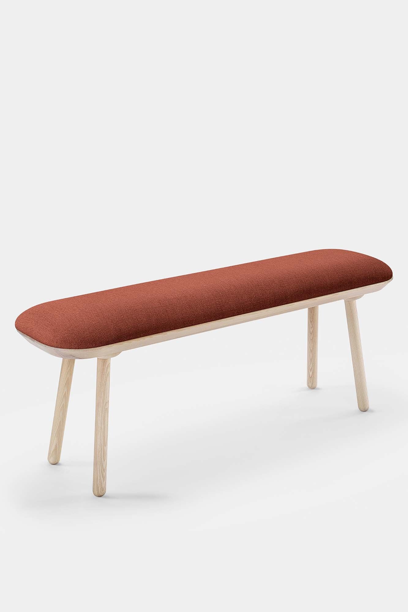 Naïve Bench Upholstered featuring solid wood construction, available in padded and unpadded options, showcasing vibrant colors and sleek design.