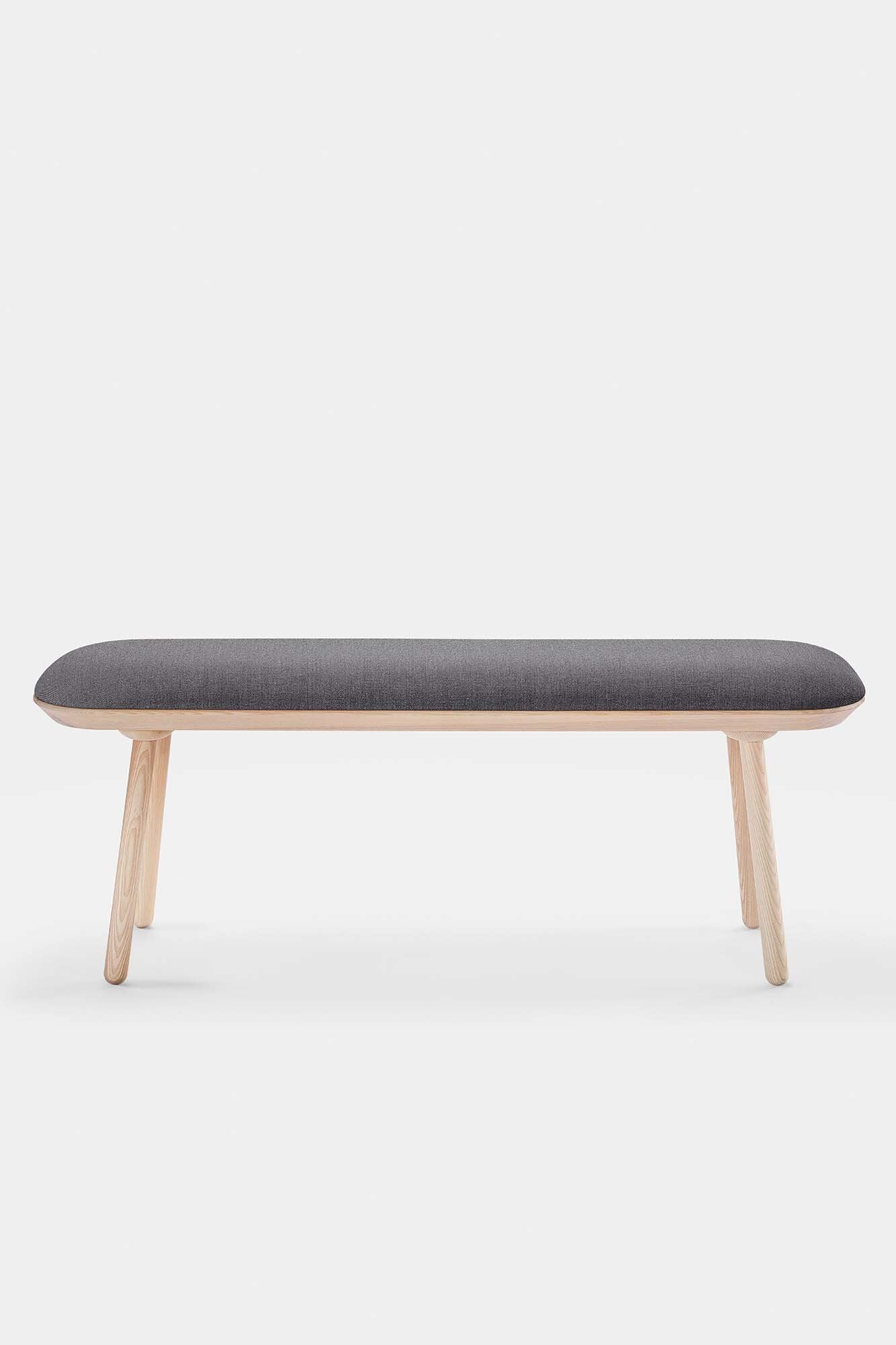 Naïve Bench Upholstered featuring solid wood construction, available in padded and unpadded options, showcasing vibrant colors and sleek design.