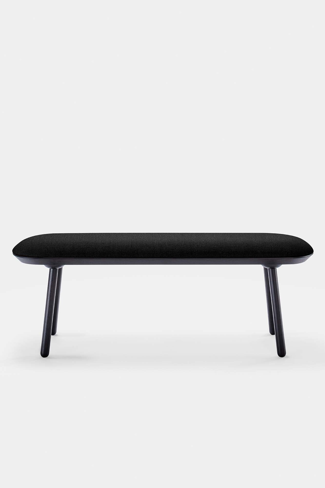 Naïve Bench Upholstered featuring solid wood construction, available in padded and unpadded options, showcasing vibrant colors and sleek design.