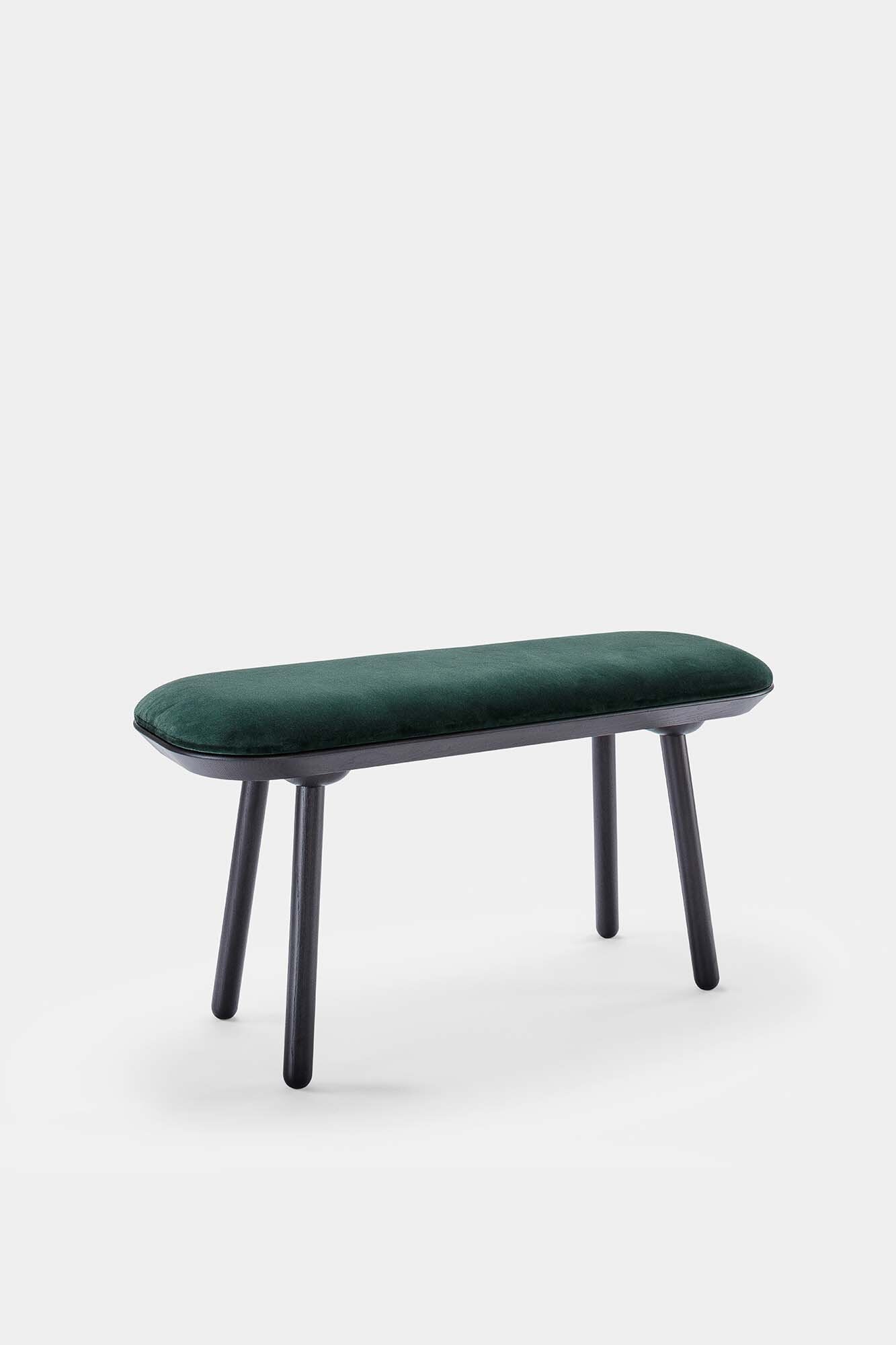 Naïve Bench Upholstered featuring solid wood construction, available in padded and unpadded options, showcasing vibrant colors and sleek design.