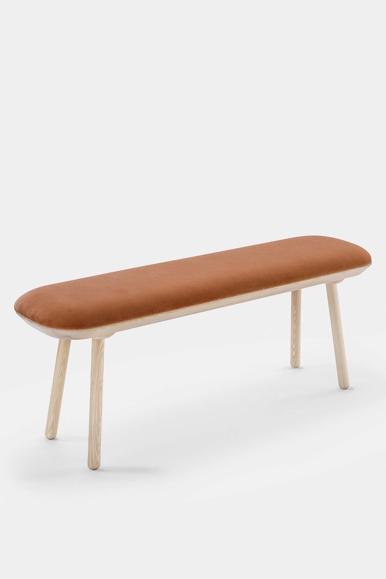 Naïve Bench Upholstered featuring solid wood construction, available in padded and unpadded options, showcasing vibrant colors and sleek design.