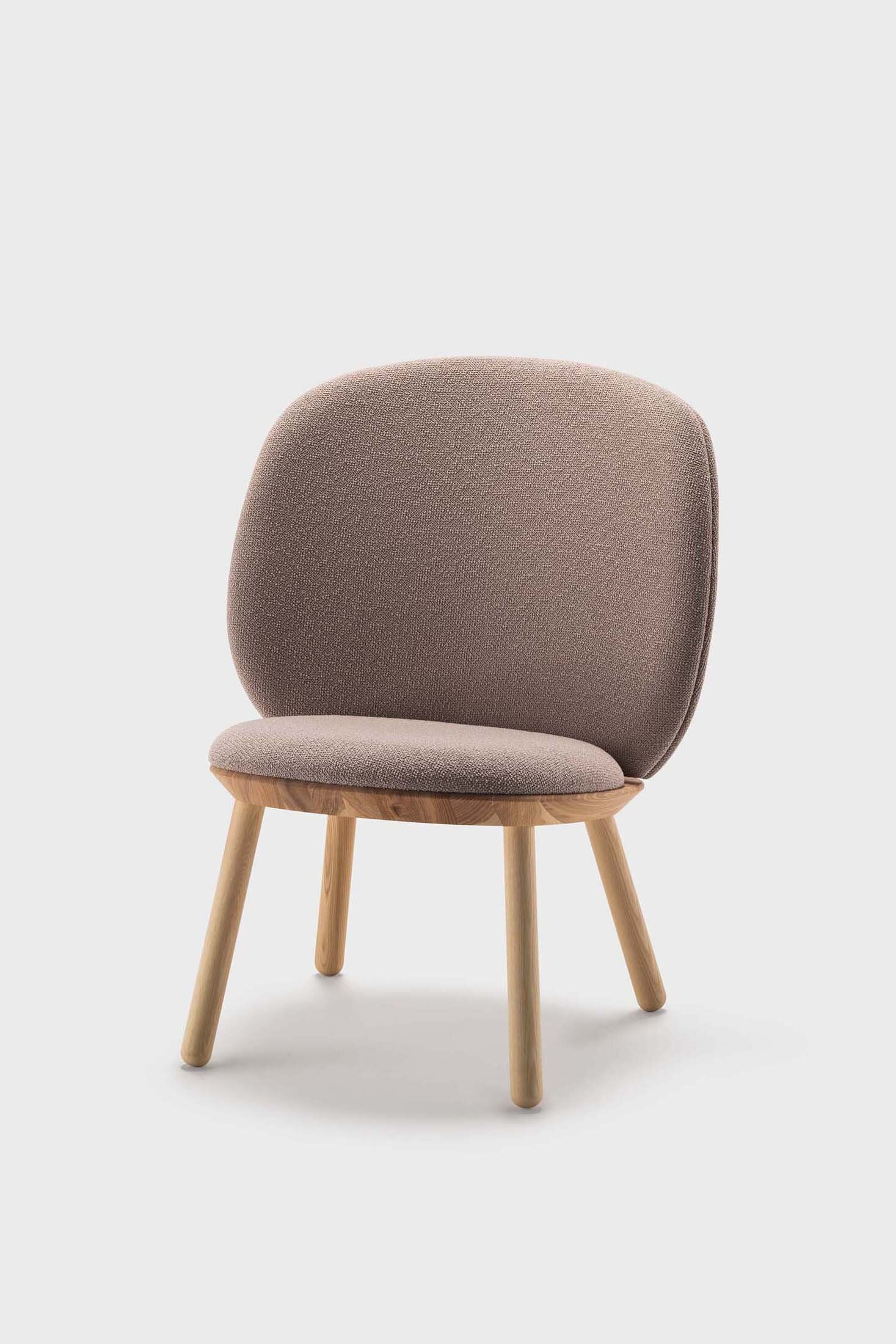 Naïve Low Chair featuring a large leather strap, wooden body, and textile upholstery, designed for comfort and style.