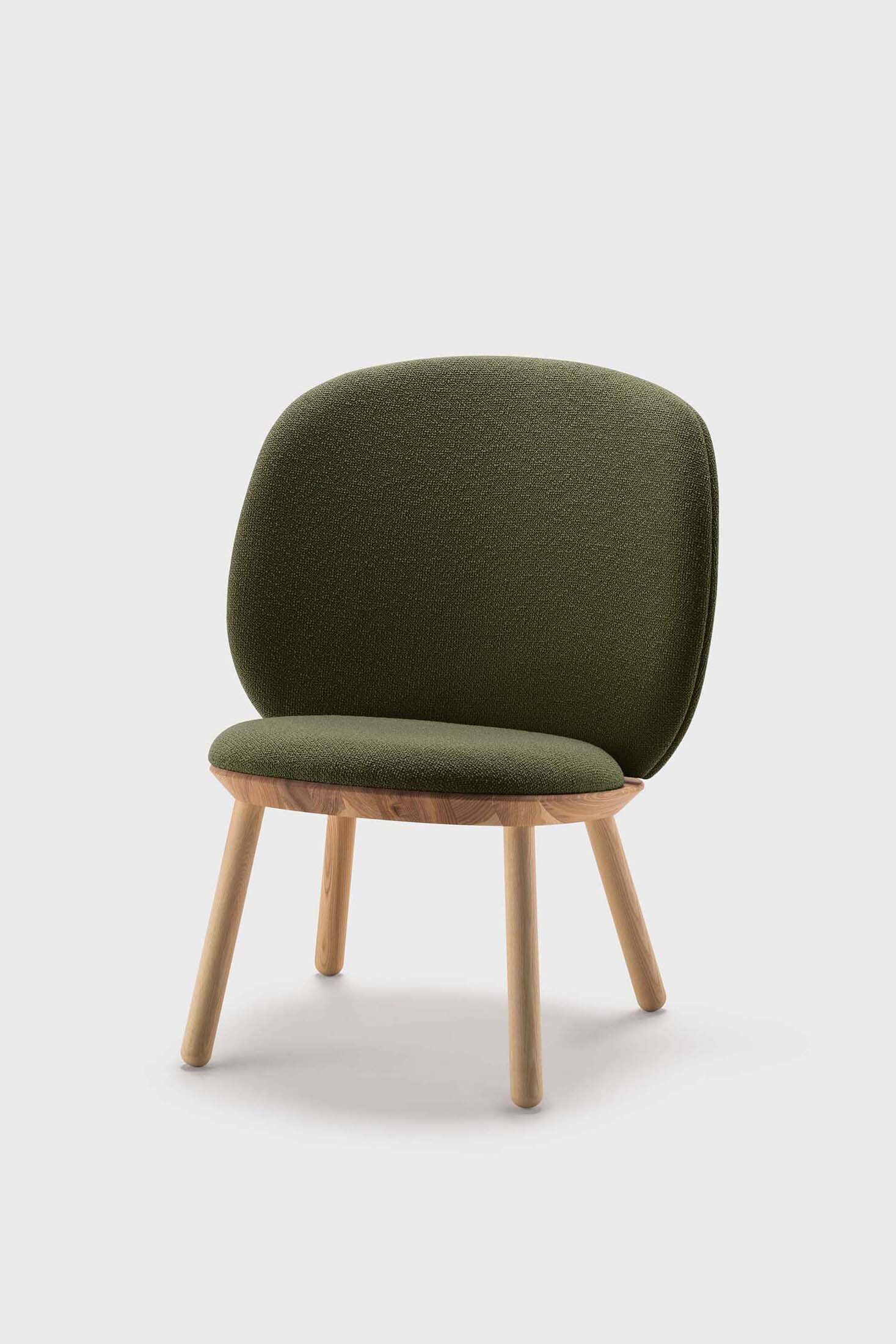 Naïve Low Chair featuring a large leather strap, wooden body, and textile upholstery, designed for comfort and style.