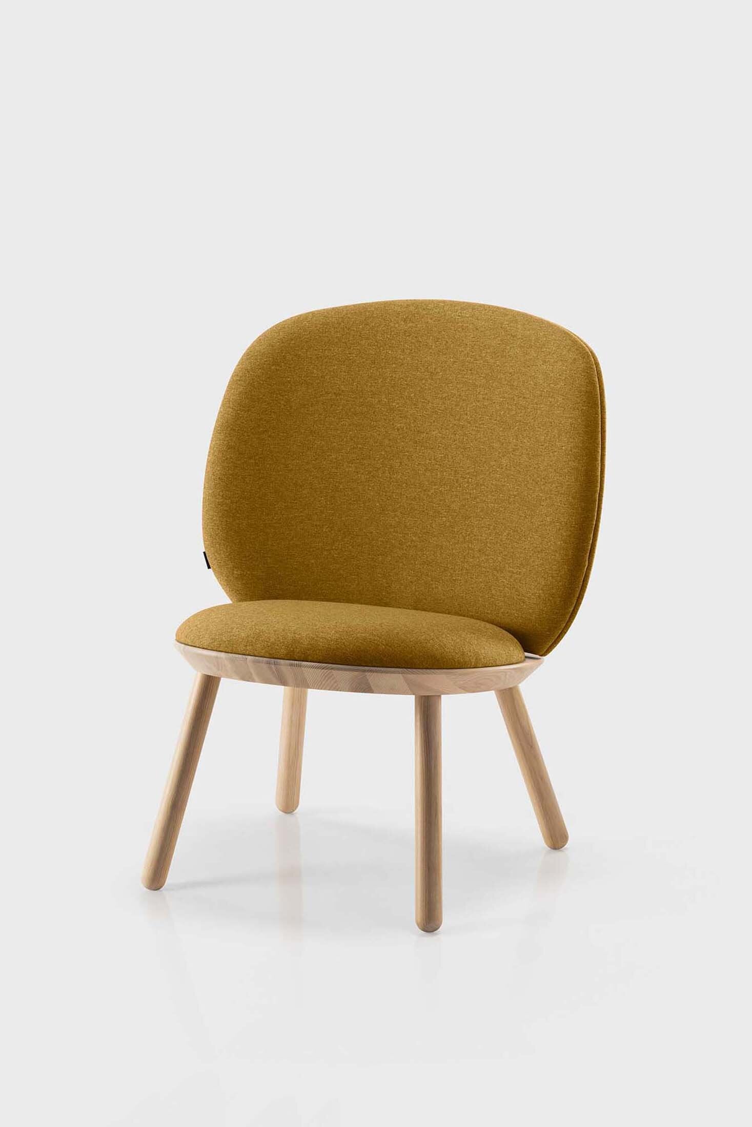 Naïve Low Chair featuring a large leather strap, wooden body, and textile upholstery, designed for comfort and style.