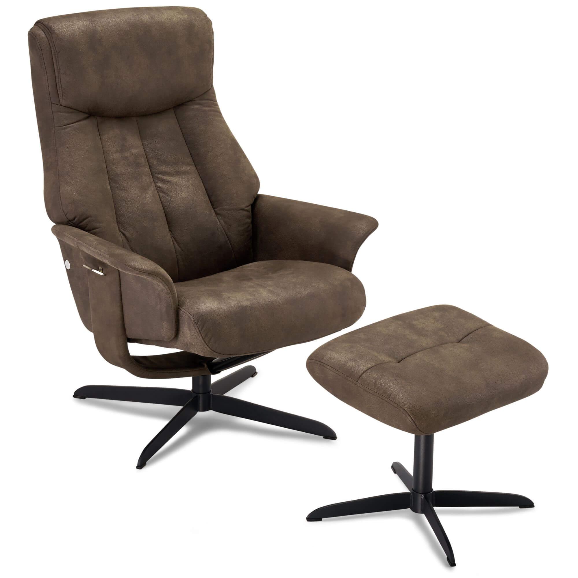 Bilbao Recliner with Footstool in rich brown fabric, showcasing its elegant design and plush seating.