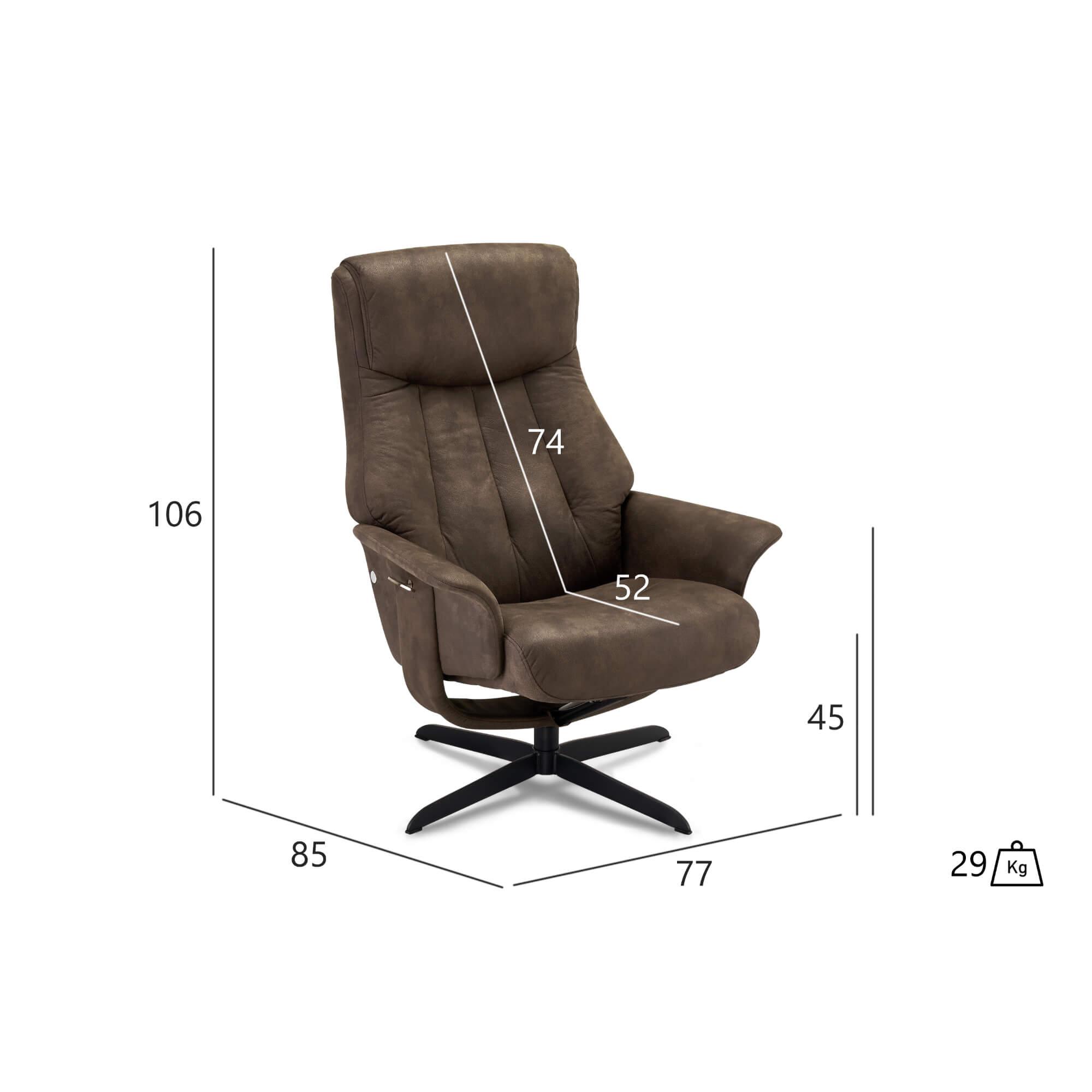 Bilbao Recliner with Footstool in rich brown fabric, showcasing its elegant design and plush seating.