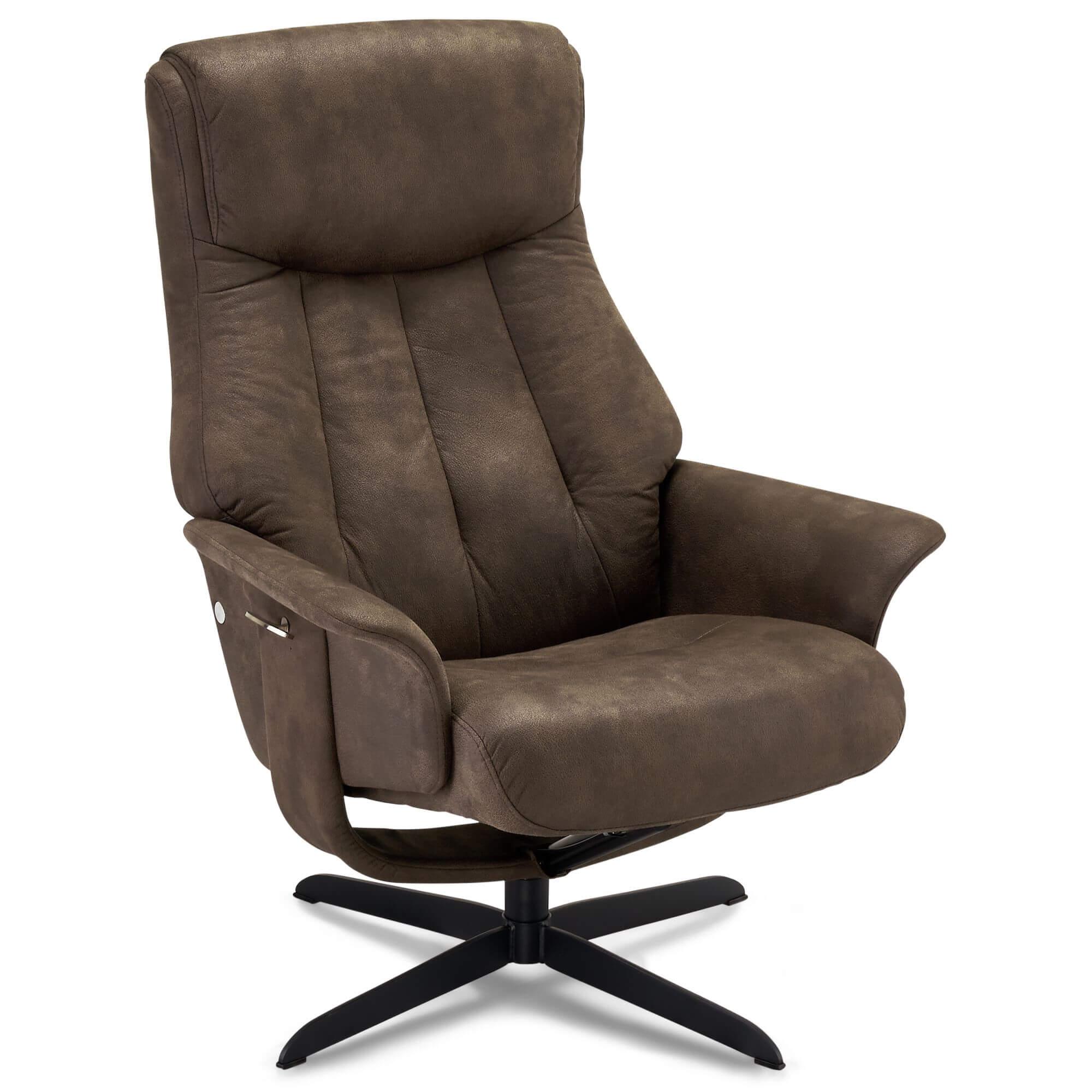 Bilbao Recliner with Footstool in rich brown fabric, showcasing its elegant design and plush seating.