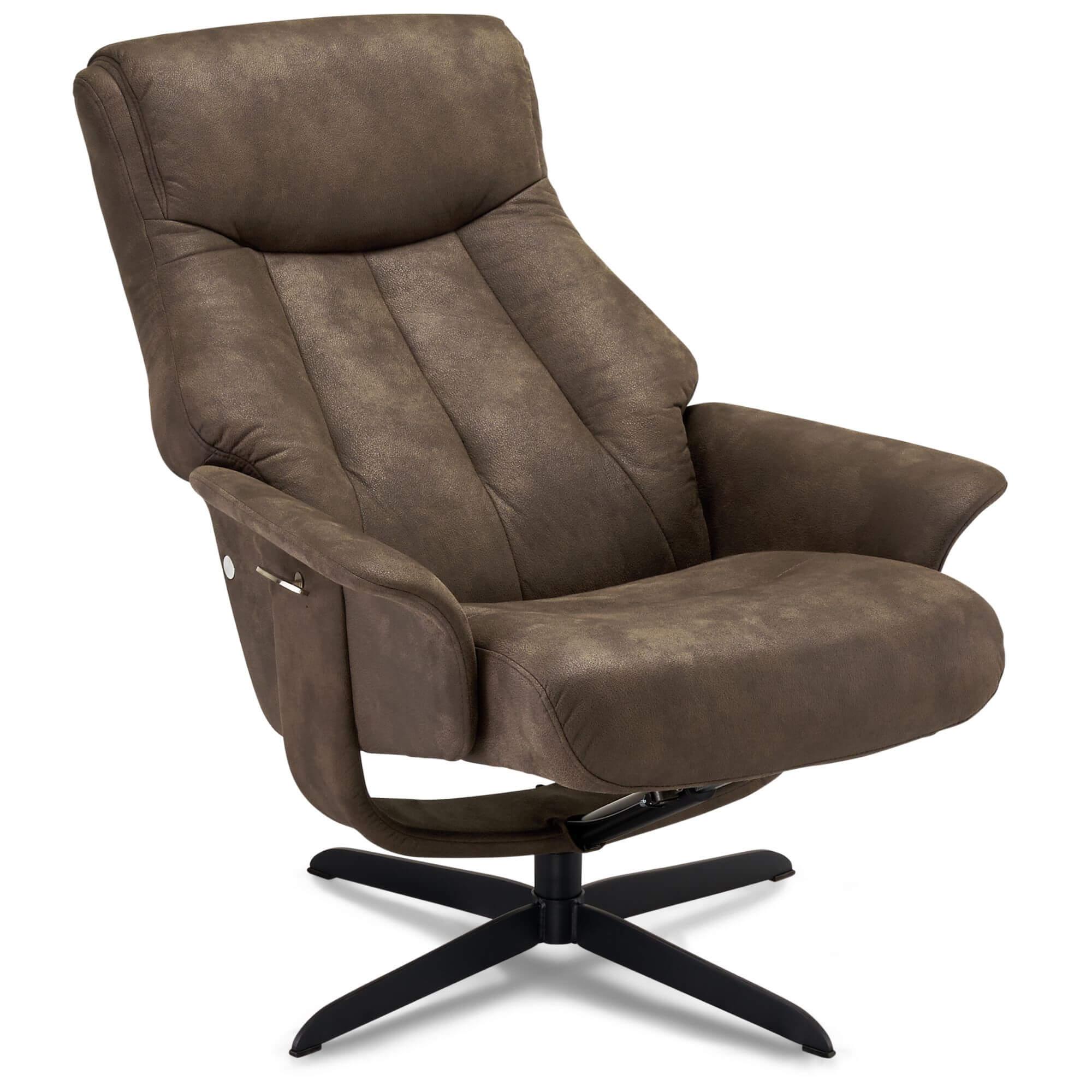 Bilbao Recliner with Footstool in rich brown fabric, showcasing its elegant design and plush seating.